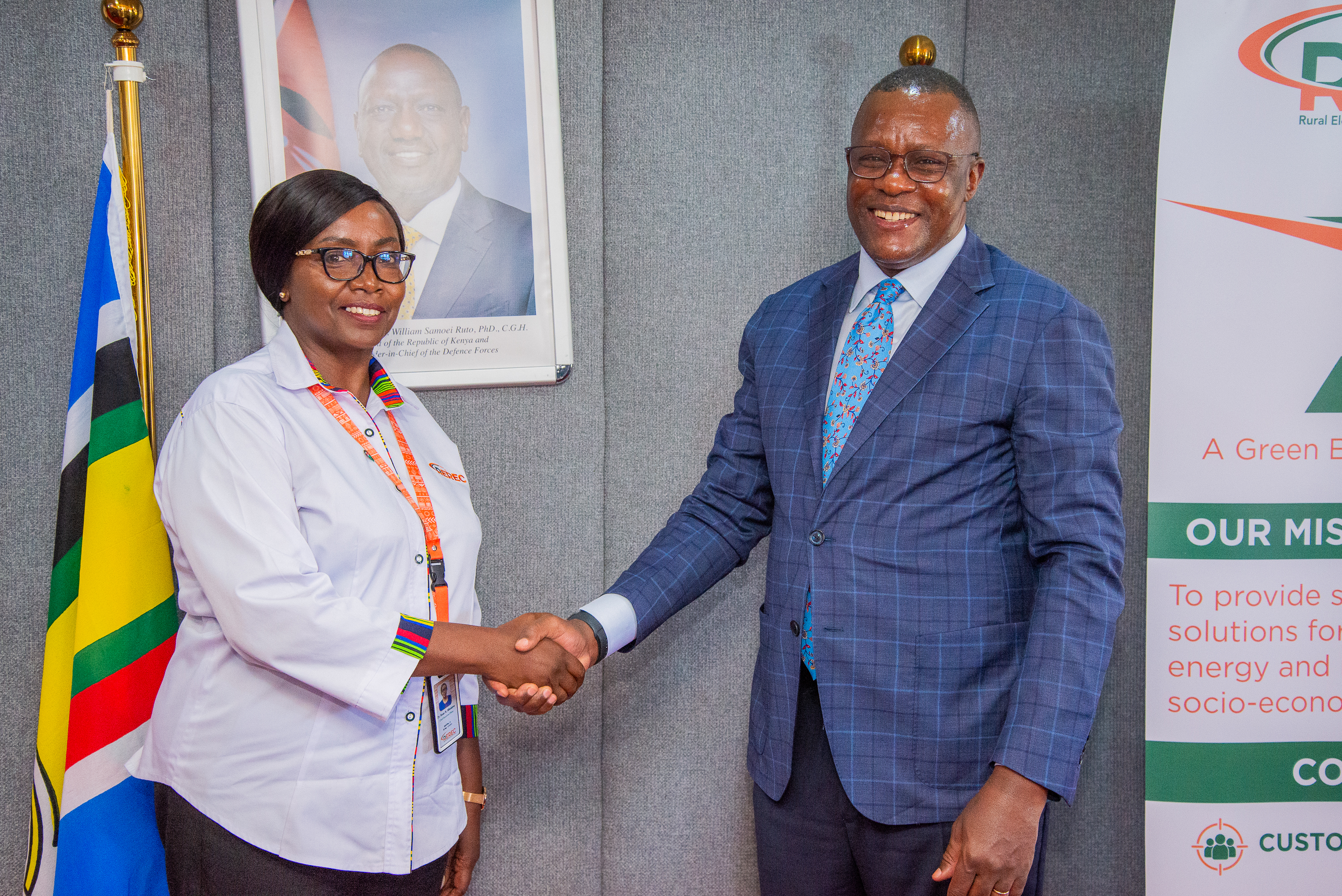 REREC CEO Dr. Rose Mkalama (Left) with the Deputy  Chief of Staff Mr. Eliud Owalo (Right) in Nairobi. Photo/  HENRY KWENYA