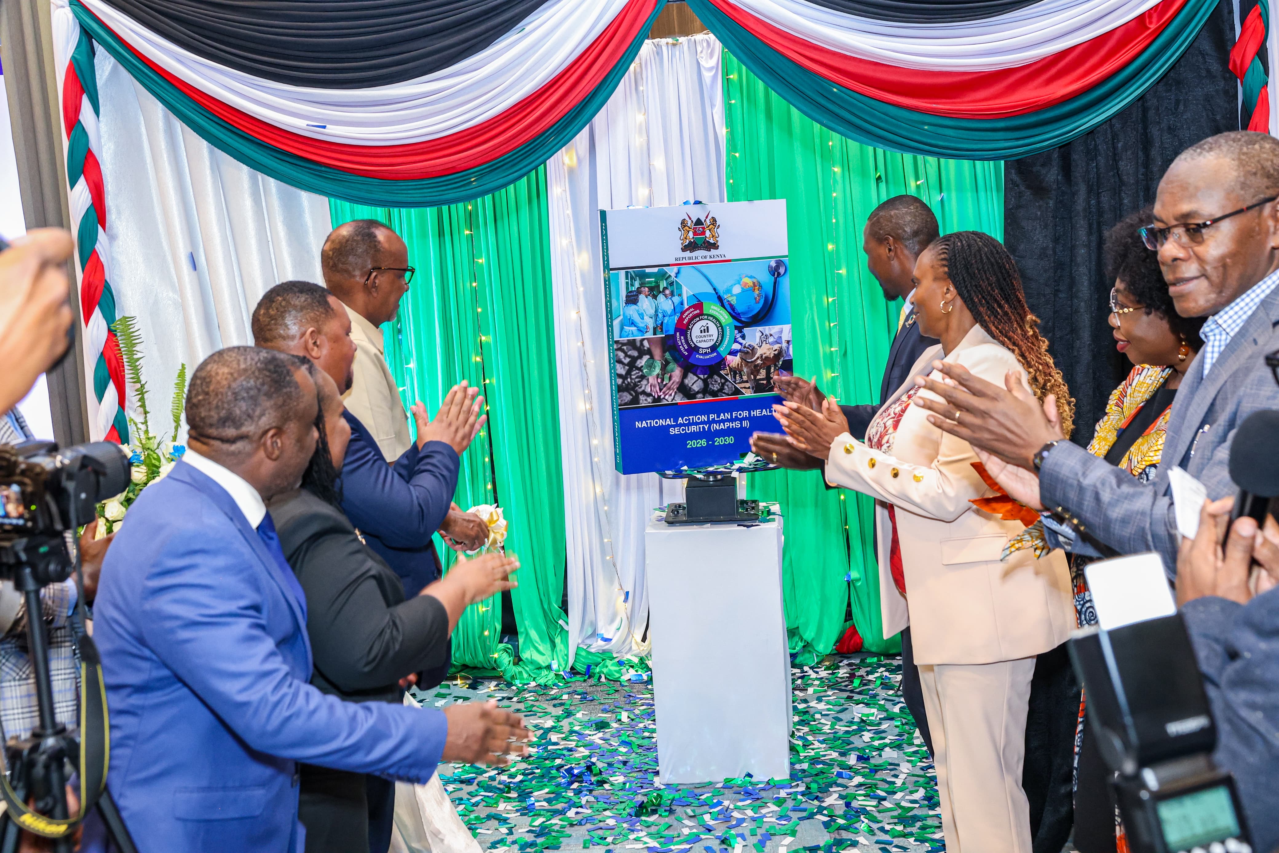Mary Muthoni, Principal Secretary for Public Health and Professional Standards; Festus K. Ng’eno, Principal Secretary for Environment and Climate Change; Neema Rusibamayila Kimambo, WHO Acting Country Representative; John Kariuki, Chairperson of the Kenya National Public Health Institute Board; Kamene Kimenye, Acting Director-General of the Kenya National Public Health Institute; alongside representatives from Africa CDC, development partners, and stakeholders from national and county governments.