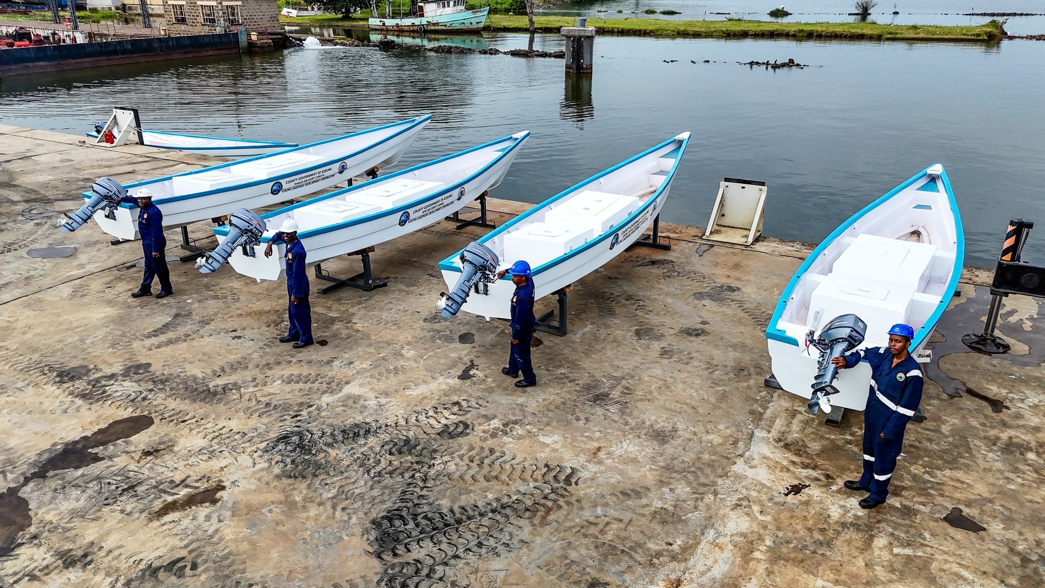 Artisanal fishing Fibre Boats constructed at the Kenya Shipyards Limited Kisumu. The County government plans to deploy them at major beaches in the area to enhance safety and boost blue economy.  Photo/Chris Mahandara.