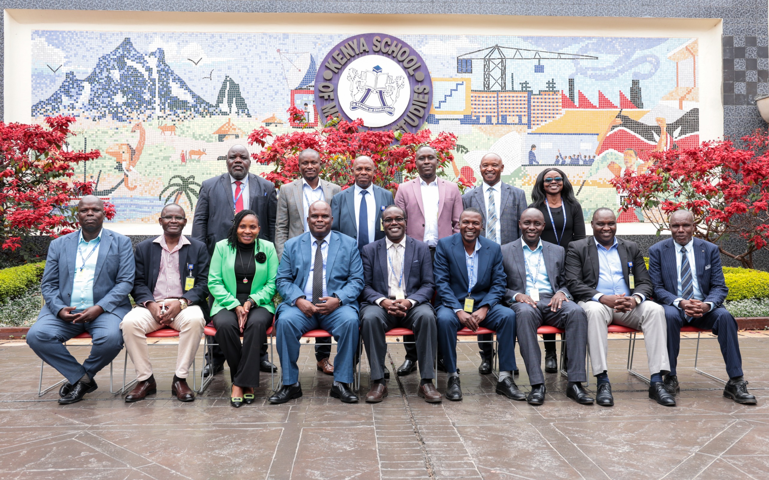 A group photo of the University Representatives, at the center is the chairman of the Land Surveyors’ Board Maritim Weldon with the University representatives at the Kenya School of Monetary Studies