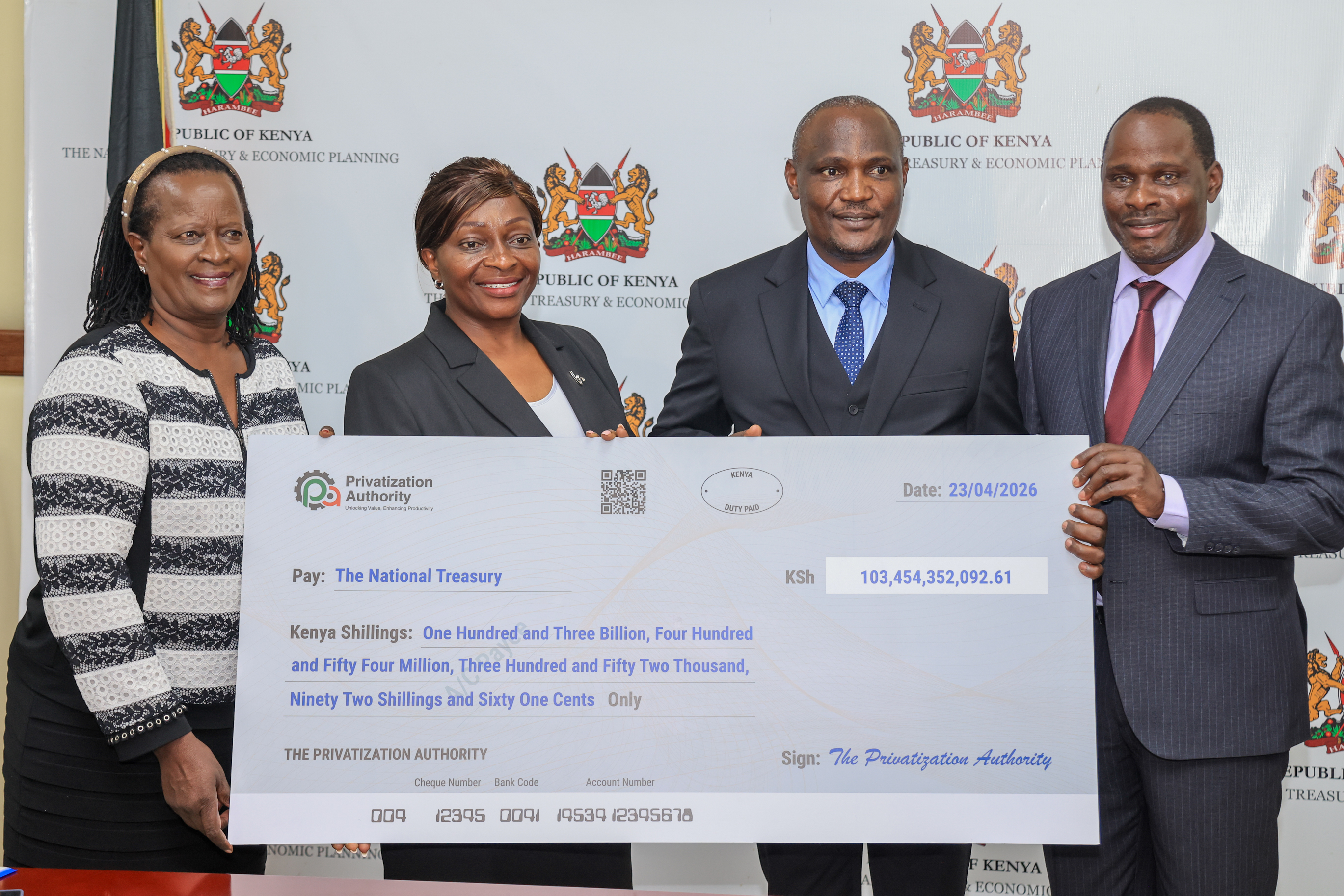 (L-R) Ms Irene Wanyoike, Commission Member of the Privatization Authority, Dr Jane Rose Ag Managing Director the Privatisation Authority of Kenya, Cabinet Secretary (CS) for the National Treasury and Economic Planning John Mbadi and Cyrell Wagunda Odede. Principal Secretary for Investment and Assets Management pose with the dummy cheque at Treasury Building, Nairobi during a Cheque handover ceremony of proceeds from the successful sale of Kenya Pipeline Company (KPC) shares through the recently completed In