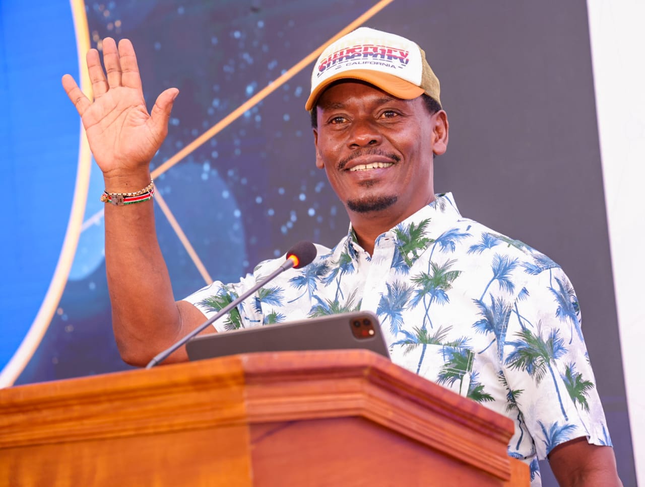 The Cabinet Secretary for the Ministry of Information, Communications and the Digital Economy, Hon. William Kabogo Gitau speaking as the Chief Guest during the awarding ceremony of The Digital Transformation Public Sector Forum and Awards (DTPS) 2025 held in Mombasa County. Photo/Beverlyne Musili.