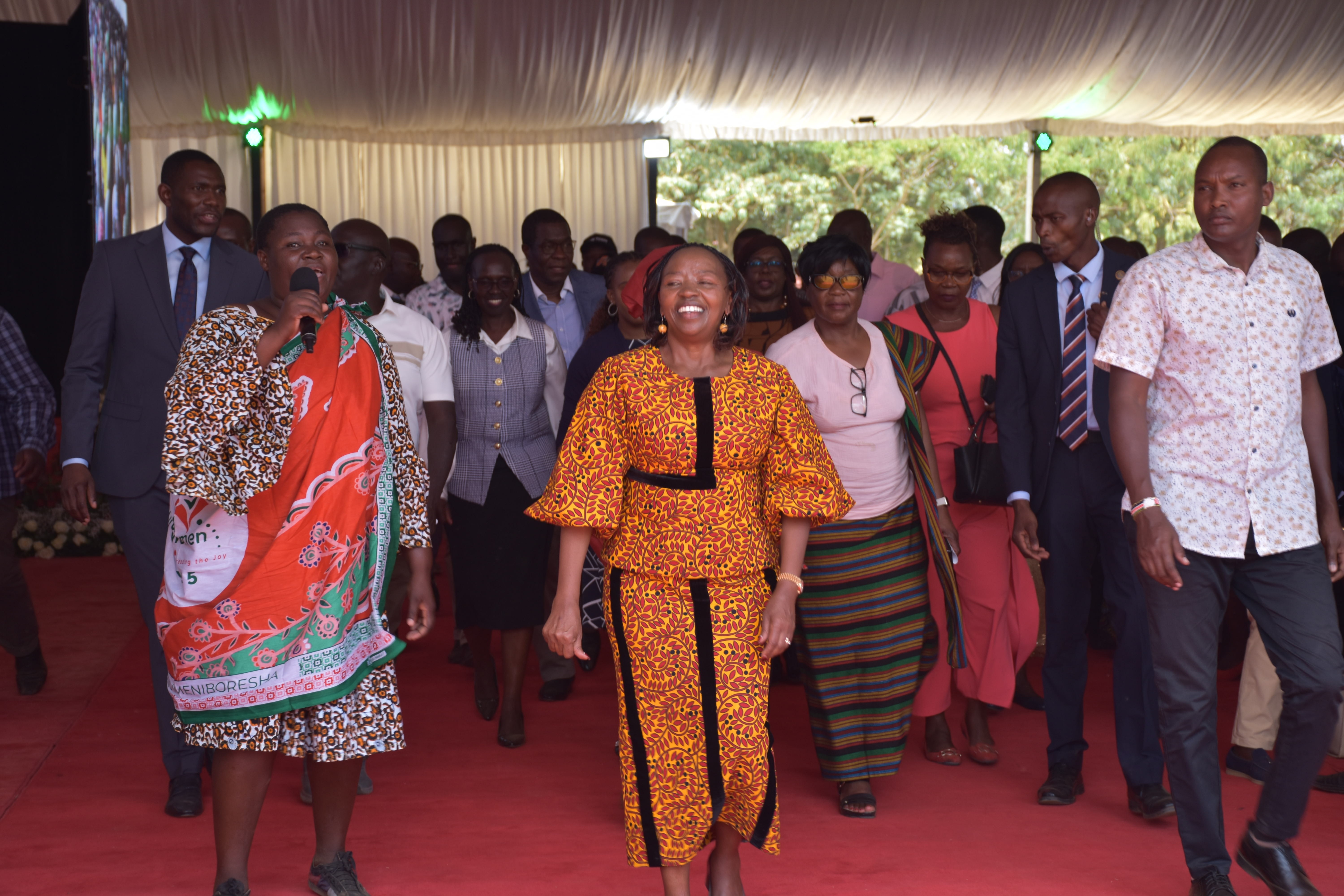 First lady Rachel Ruto (center) at the women Empowerment forum at KMTC grounds accompanied by other government officials