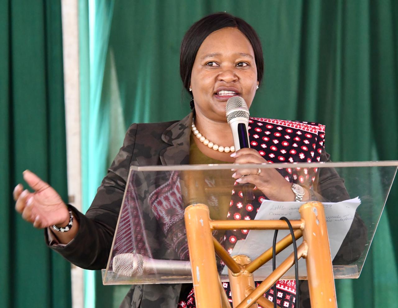 Tourism and Wildlife Cabinet Secretary, Rebecca Miano, addressing leaders and wananchi during the issuance of cheques worth Sh60 million to families of victims of human-wildlife conflicts at the Marafa Vocational Training Centre in Magarini Sub County, Kilifi County.