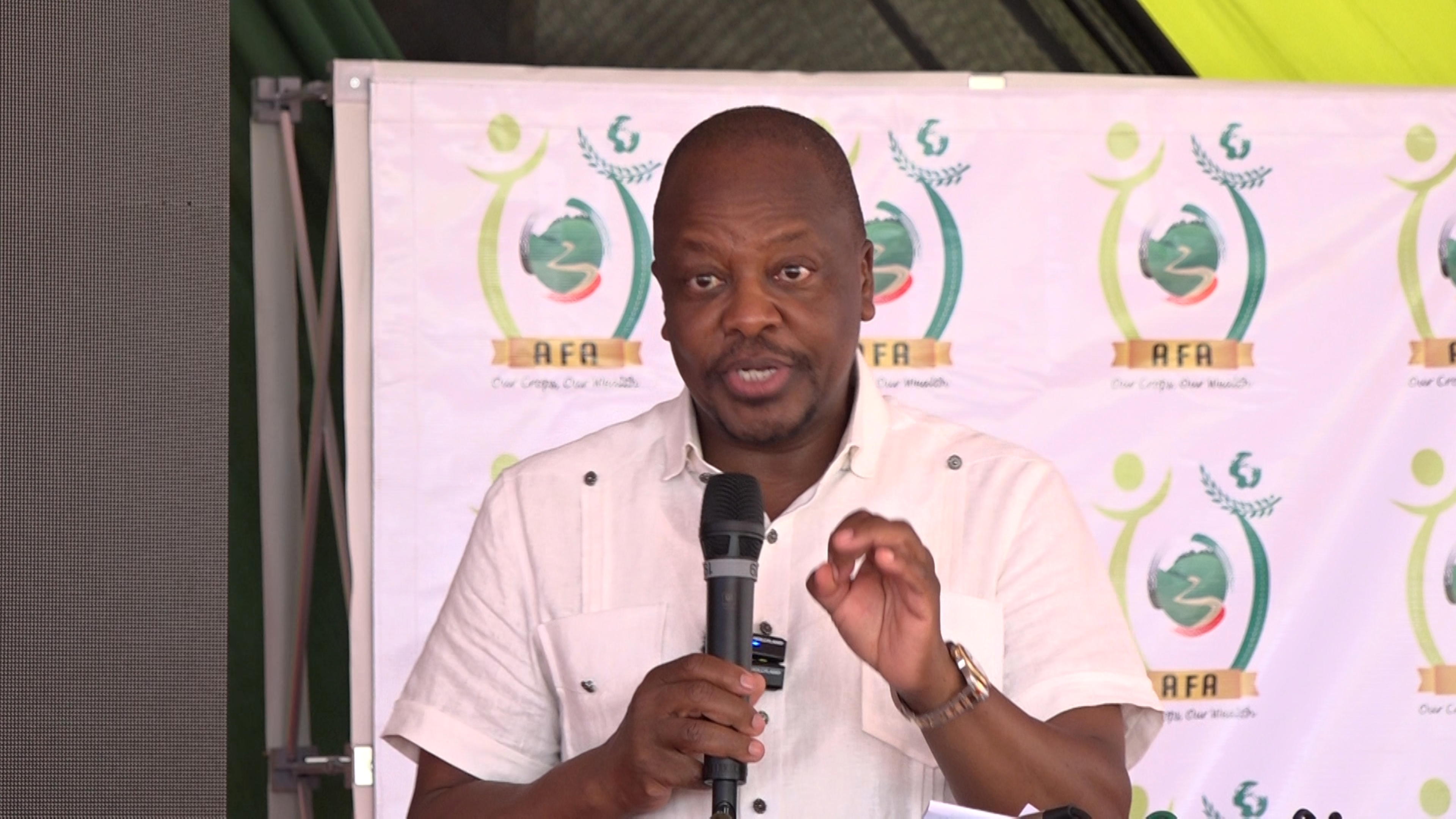 Agriculture and Livestock Development Cabinet Secretary Mutahi Kagwe admires exhibitions during the Jumuiya ya Kaunti za Pwani (JKP) agricultural revitalization summit held at a Malindi hotel.