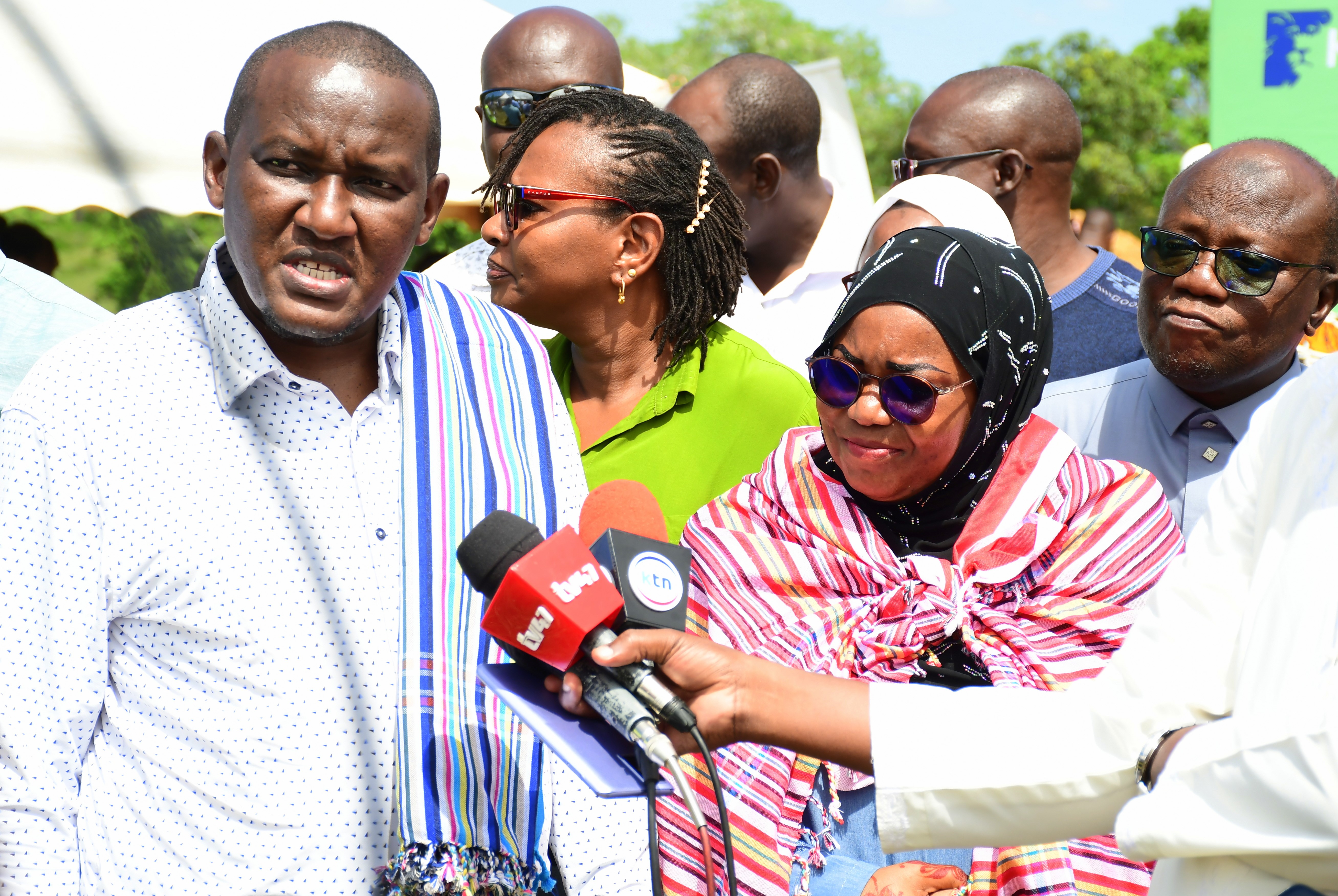Principal Secretary (PS) State Department for Irrigation CPA Ephantus Kimotho (L) flanked by Governor Fatuma Achani (c) and Kinango MP Gonzi Rai brief the media during the inspection of the multi-billion-shilling Mwache Dam in Kinango Sub-County, Kwale.
