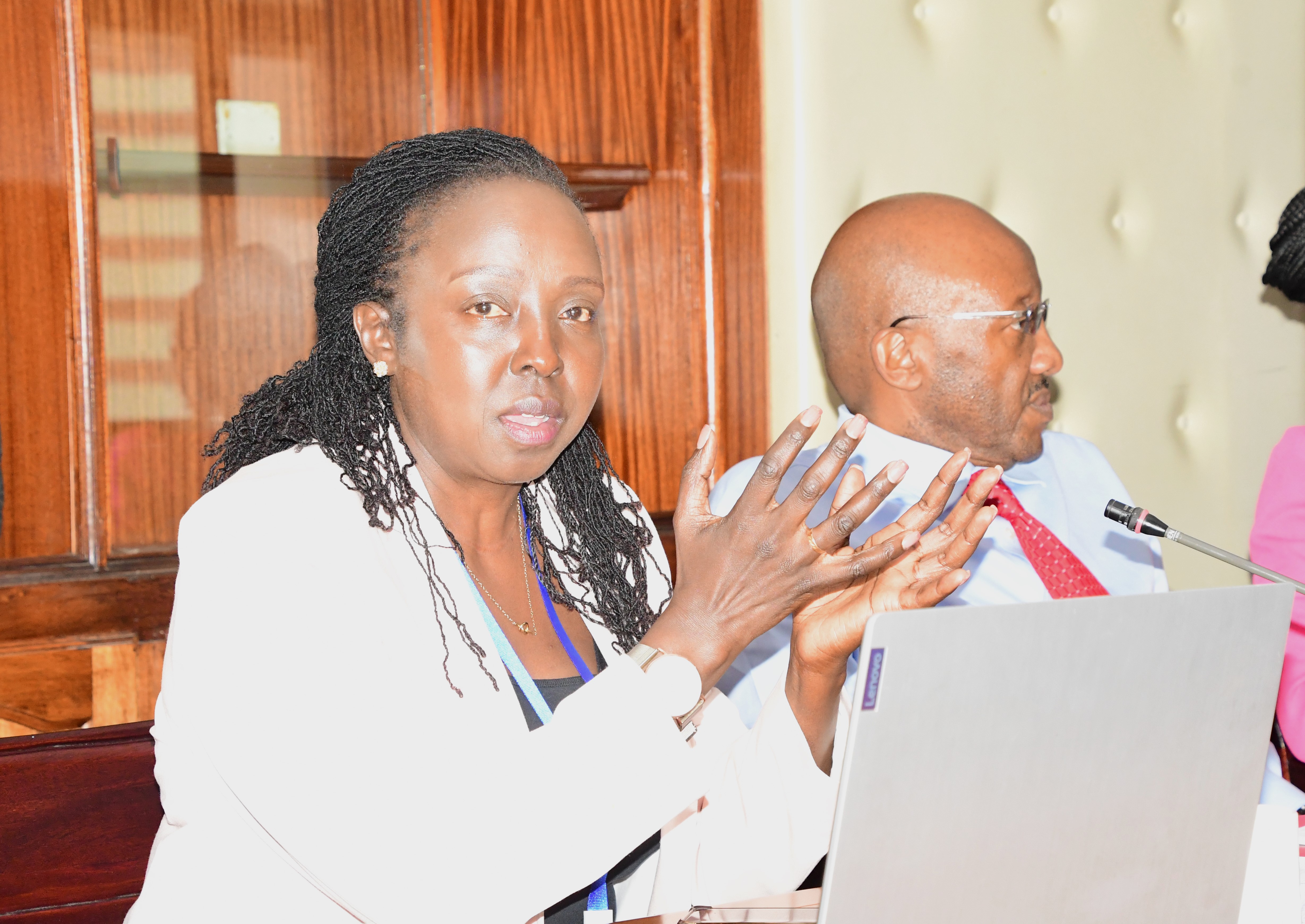 Postal Corporation Payment Services General Manager Joan Toroitich, speaks at Teleposta Towers during the sensitization and demonstration meeting on the Postapay app. Photo/ Norah Bochere