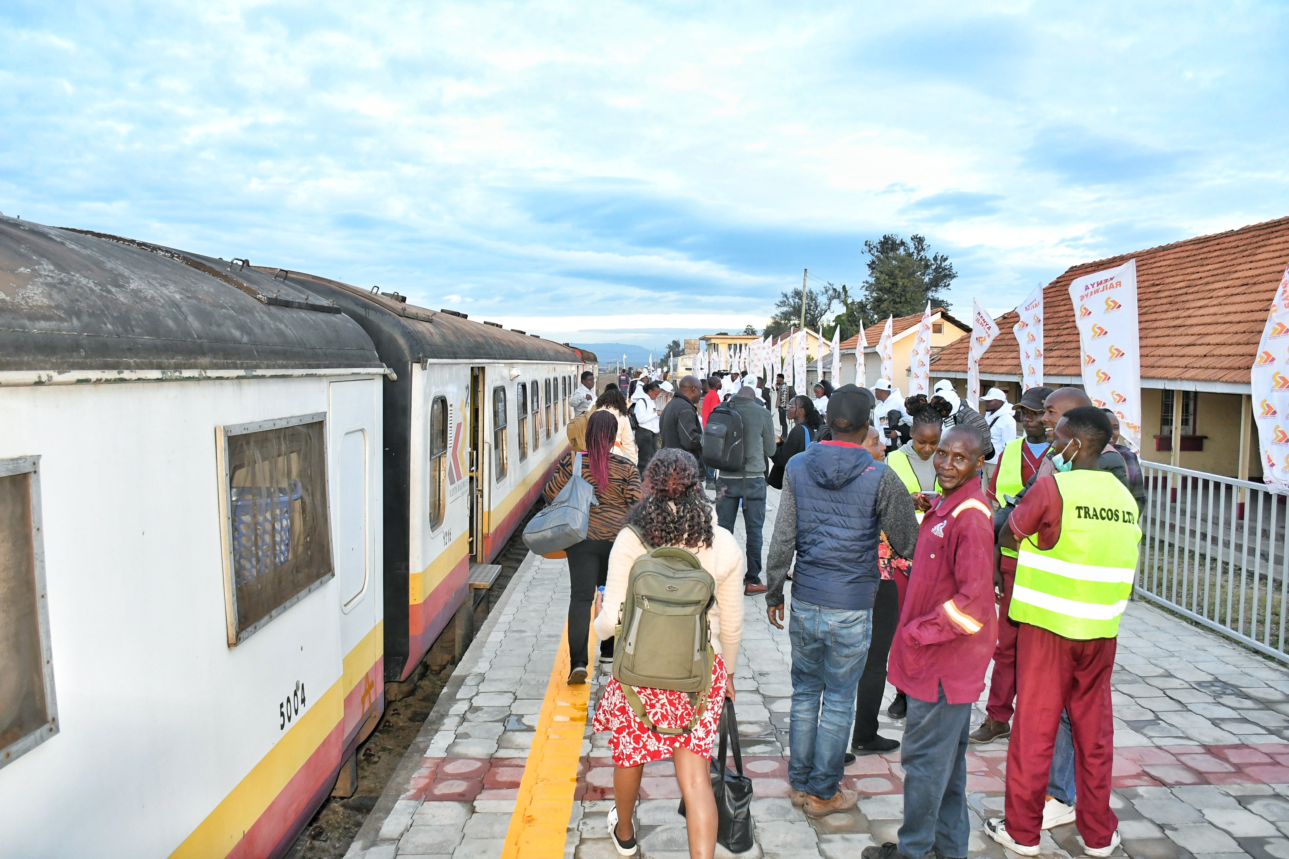 Customers enjoy a selfie after alighting a train at the newly refurbished Gilgil Railway Station en-route to Nyahururu, after the Kenya Railway Corporation revived and started operations of the Gilgil-Ol Kalou- Nyahururu town route, which has been dormant for the last 46 years.