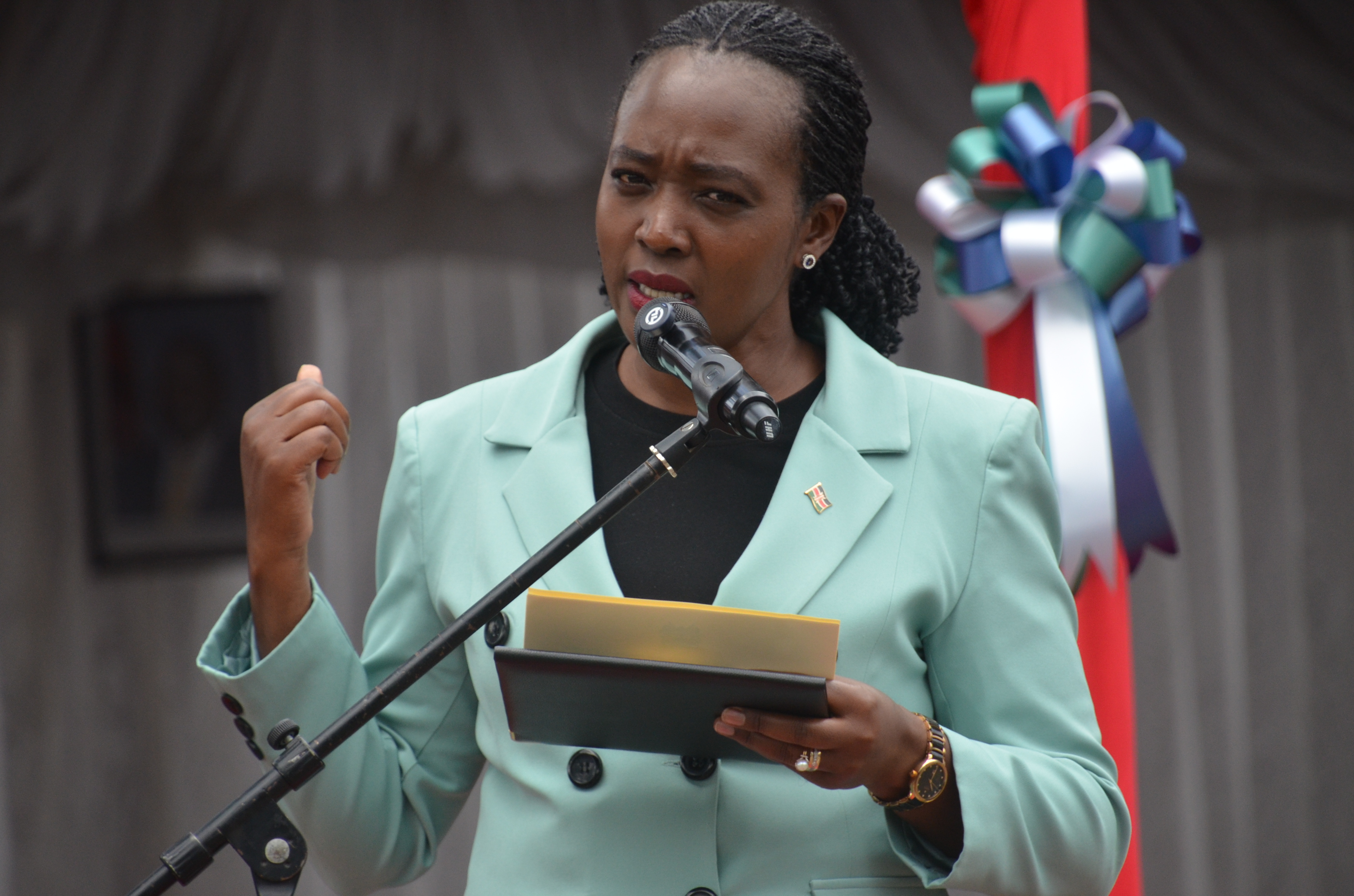 Defense Cabinet Secretary Soipan Tuya addresses a gathering during the groundbreaking ceremony of the Sh1 billion first phase of the project at Kabarnet.
