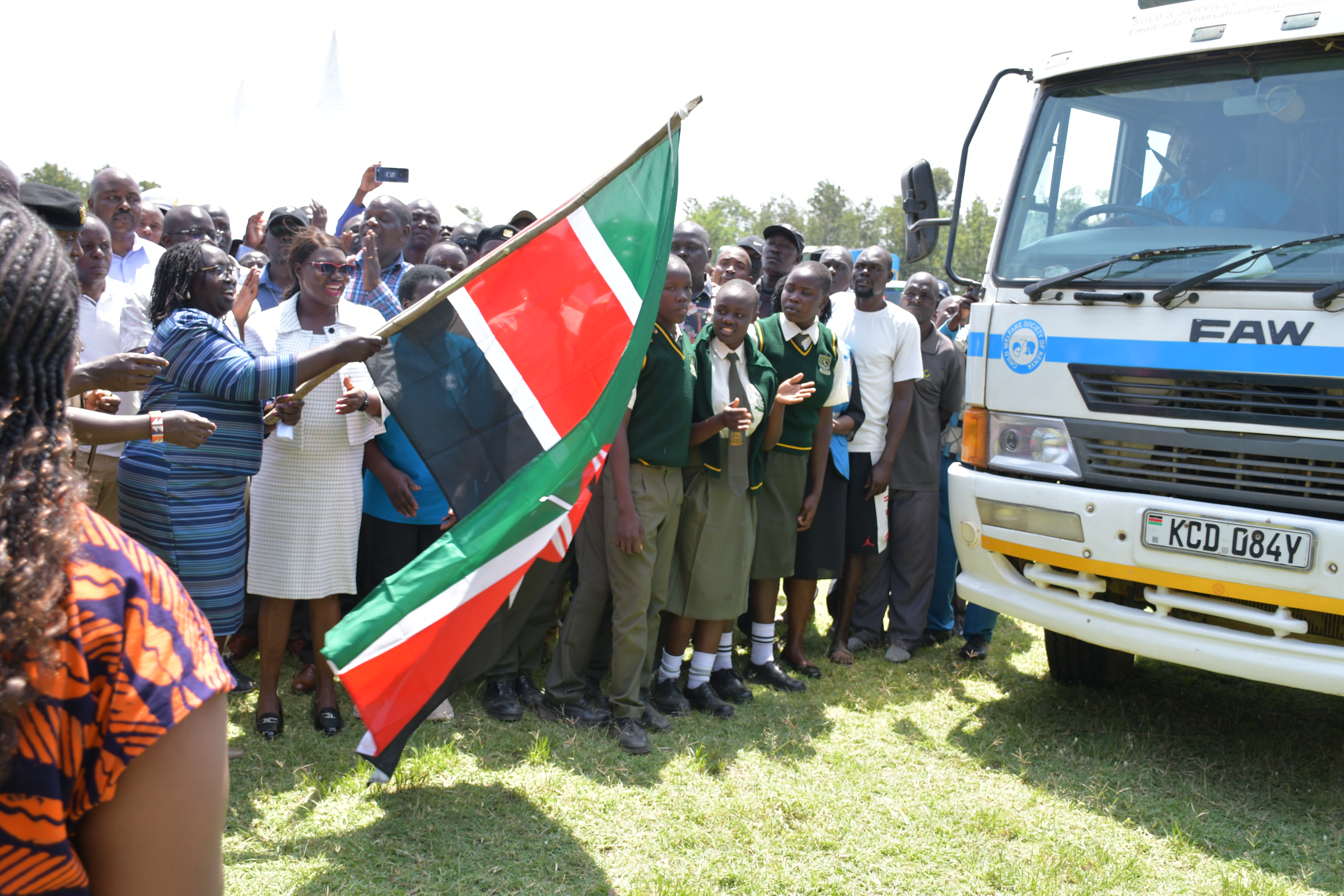 The Cabinet Secretary for Gender, Culture and Children Services, Hanna Cheptumo flagging of Emergency Food supplies and Education Support materials at Lela Mixed Secondary, Nyando Constituency, Kisumu County 