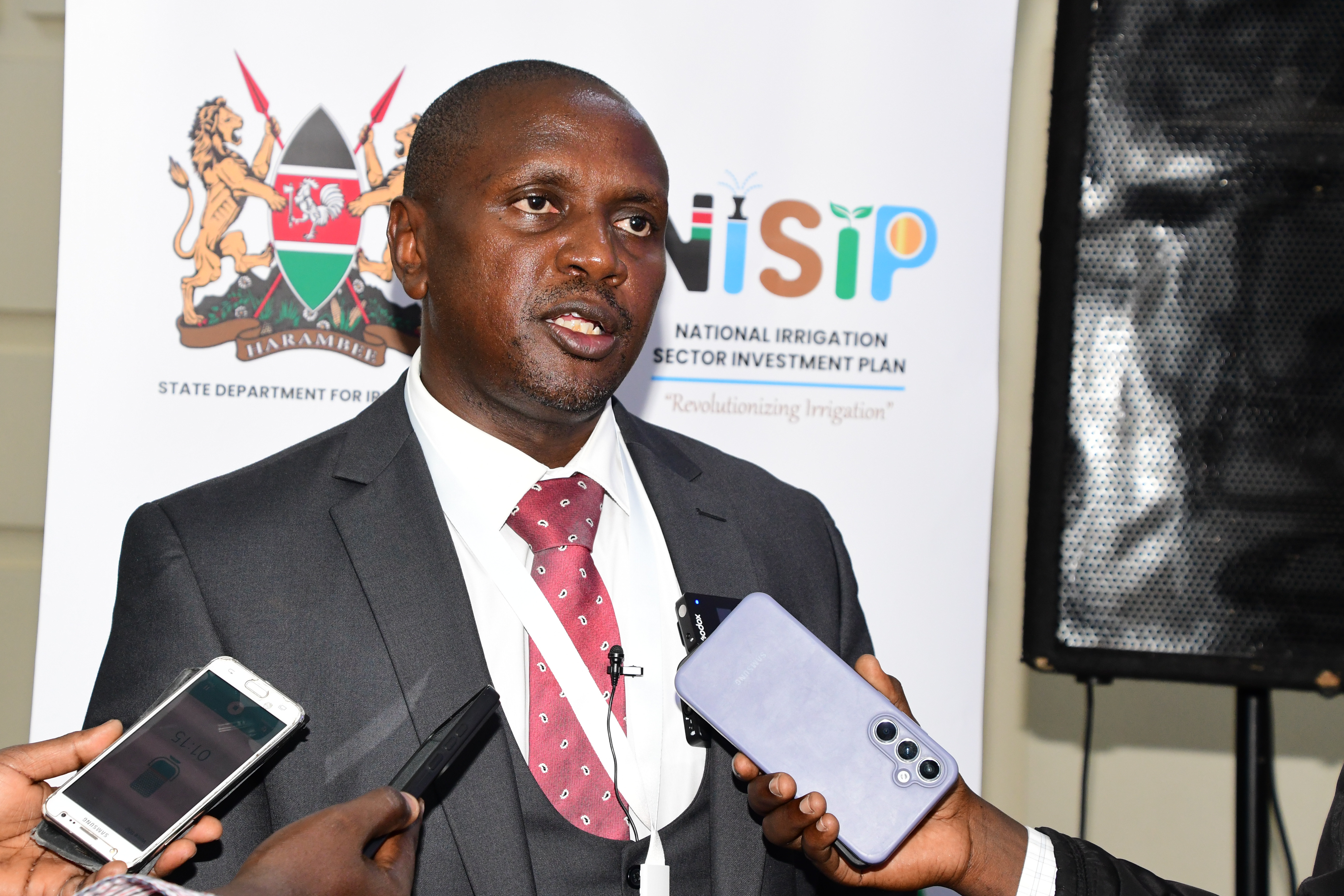 Vincent Kabati, Irrigation Secretary speaking to the media during the prelaunch of the National Irrigation Sector Investment Plan (NISIP) at KICC .
