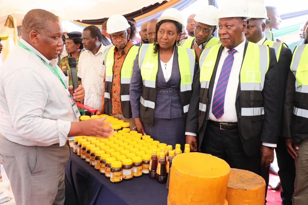 Kitui Governor, Dr Julius Malombe, sampling-out some of the industrial products showcased during the two-day Kitui County Investors Sensitization Forum