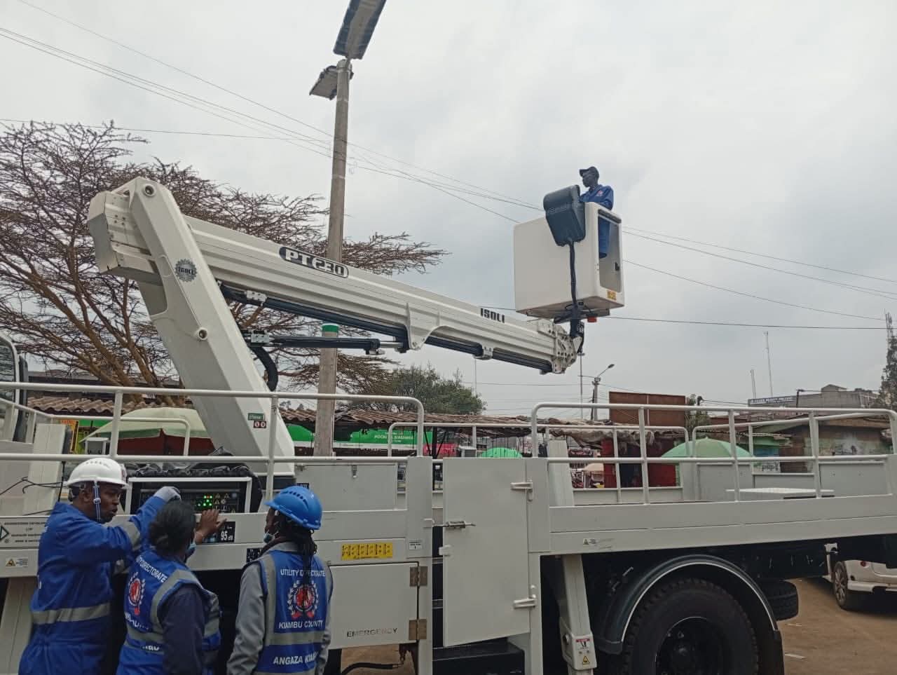 Kiambu’s 23-meter manlift in action, supporting streetlight installation and maintenance for safer public spaces.