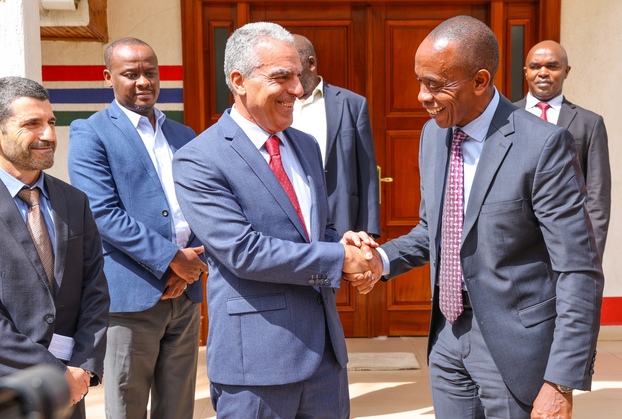 Kiambu governor Kimani Wamatangi and Ambassador Gideon Behar share a light moment during discussions on localizing Israeli innovation for Kiambu’s residents. PHOTO: COURTESY