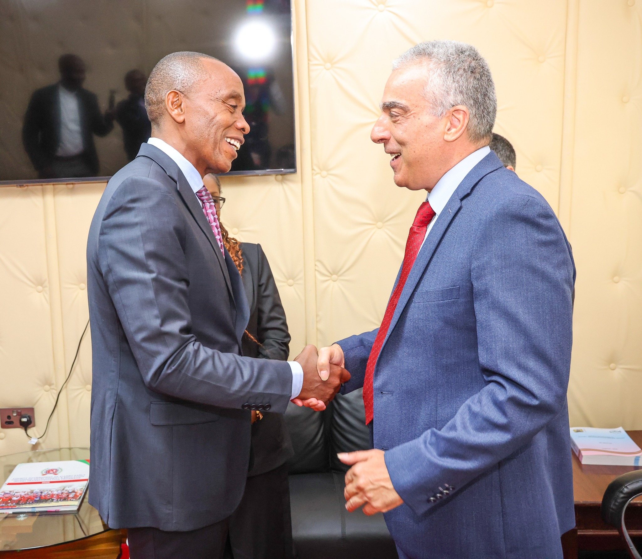 Kiambu governor Kimani Wamatangi and Ambassador Gideon Behar share a light moment during discussions on localizing Israeli innovation for Kiambu’s residents. PHOTO: COURTESY