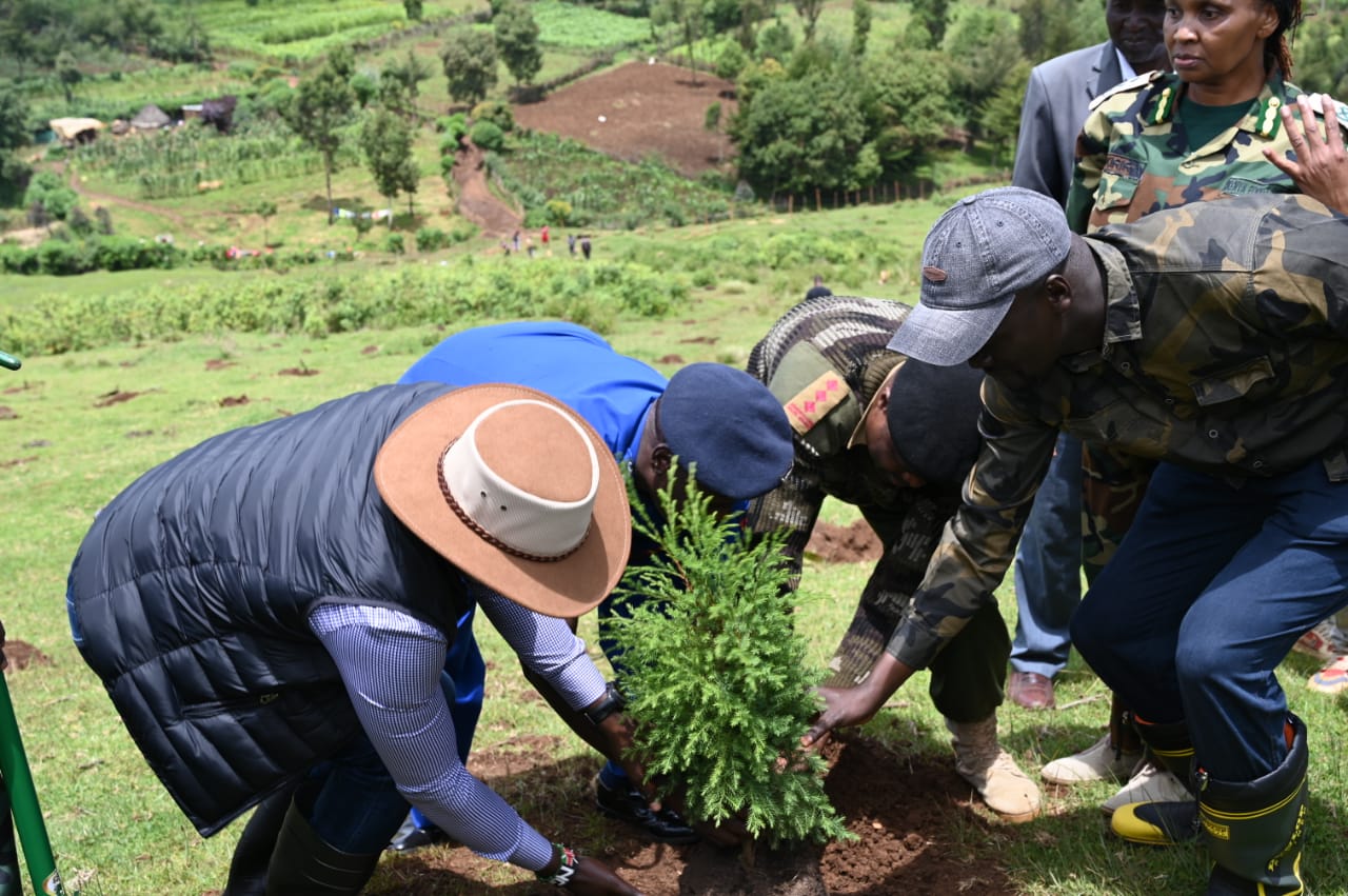 The Principal Secretary for State Department for Environment and Climate Change, Dr. Eng. Festus Ng’eno (centre) waters a tree during a planting exercise in Kuresoi, Nakuru County.