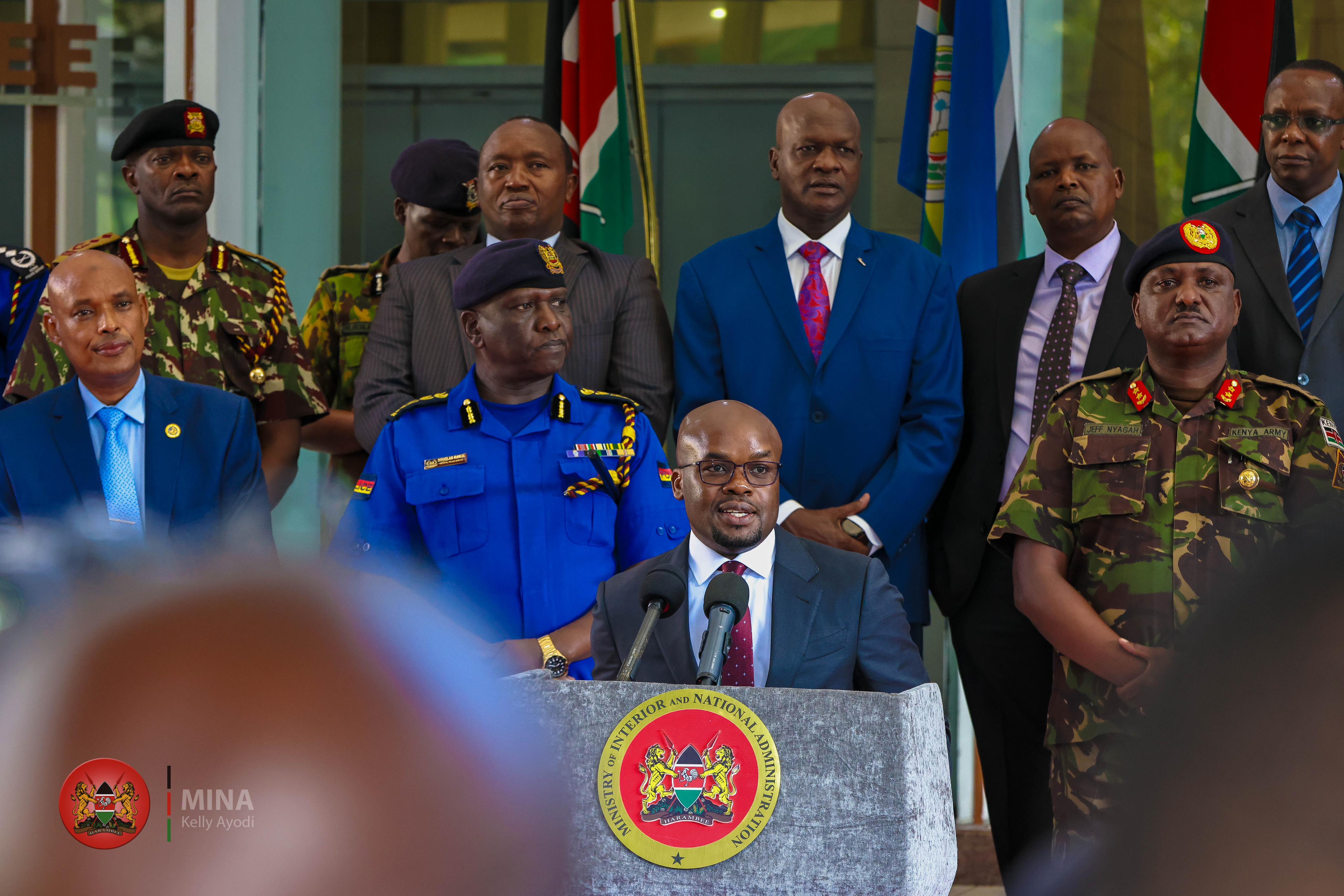 Internal Security and National Administration PS Raymond Omollo (centre) flanked by senior security officials