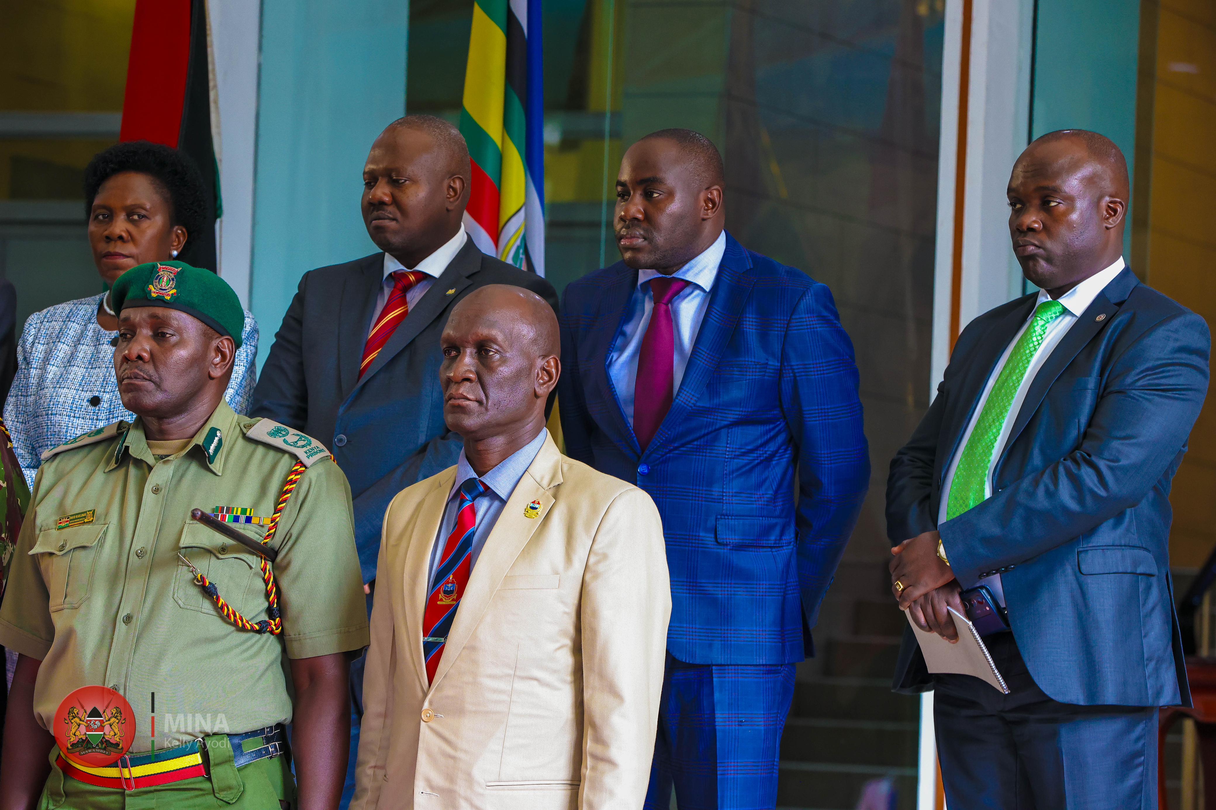 Internal Security and National Administration PS Raymond Omollo (centre) flanked by senior security officials