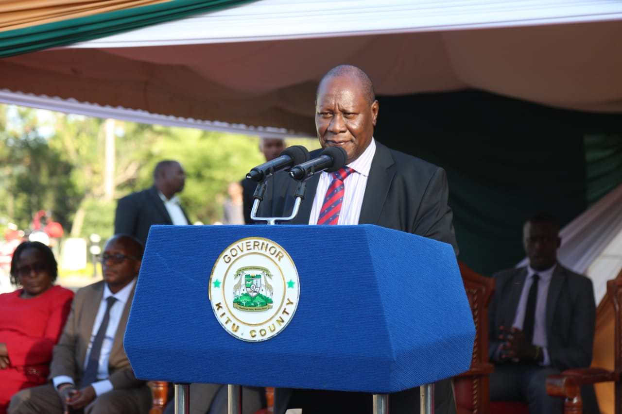. Kitui Governor Dr. Julius Malombe presiding the occasion to release 21 motorcycles for the extension services outside his offices in Kitui town.