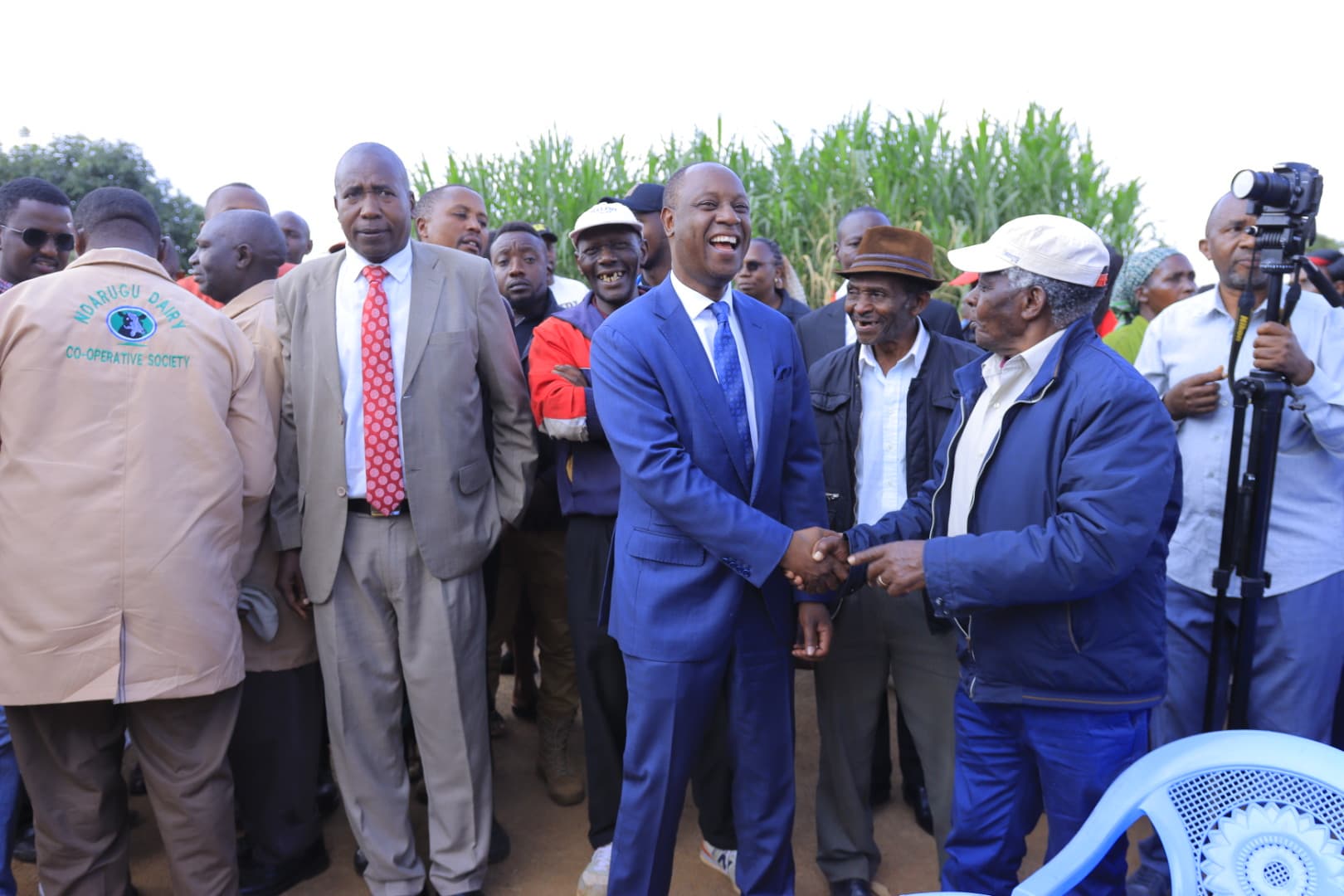 Livestock Development Principal Secretary, Jonathan Mueke, at Ndarugu Dairy Cooperative Society in Gatundu South Sub-county during the delivery of a 5,000 litres milk cooler 