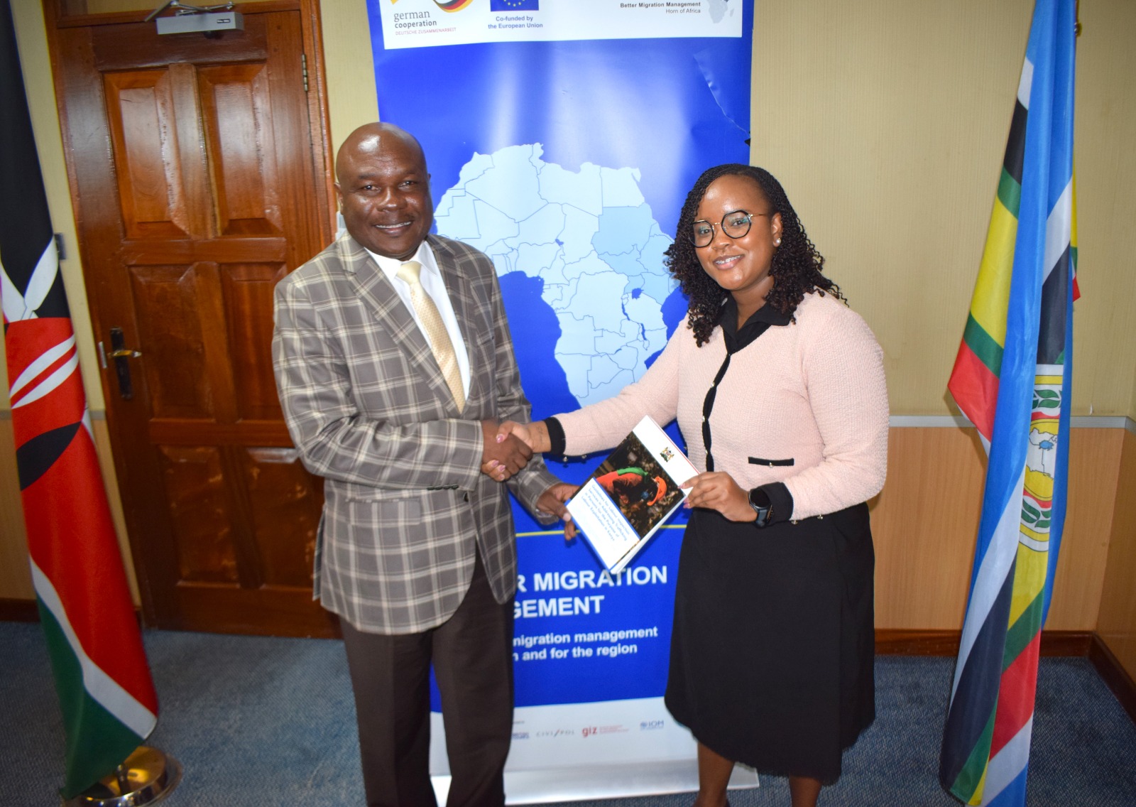 Principal Secretary, State Department for Labour and Skills Development Shadrack Mwadime with CIVIPOL National Coordinator Ms. Michelle Koinange during the launch of guidelines for Labour Inspection Services in addressing Trafficking in Persons.