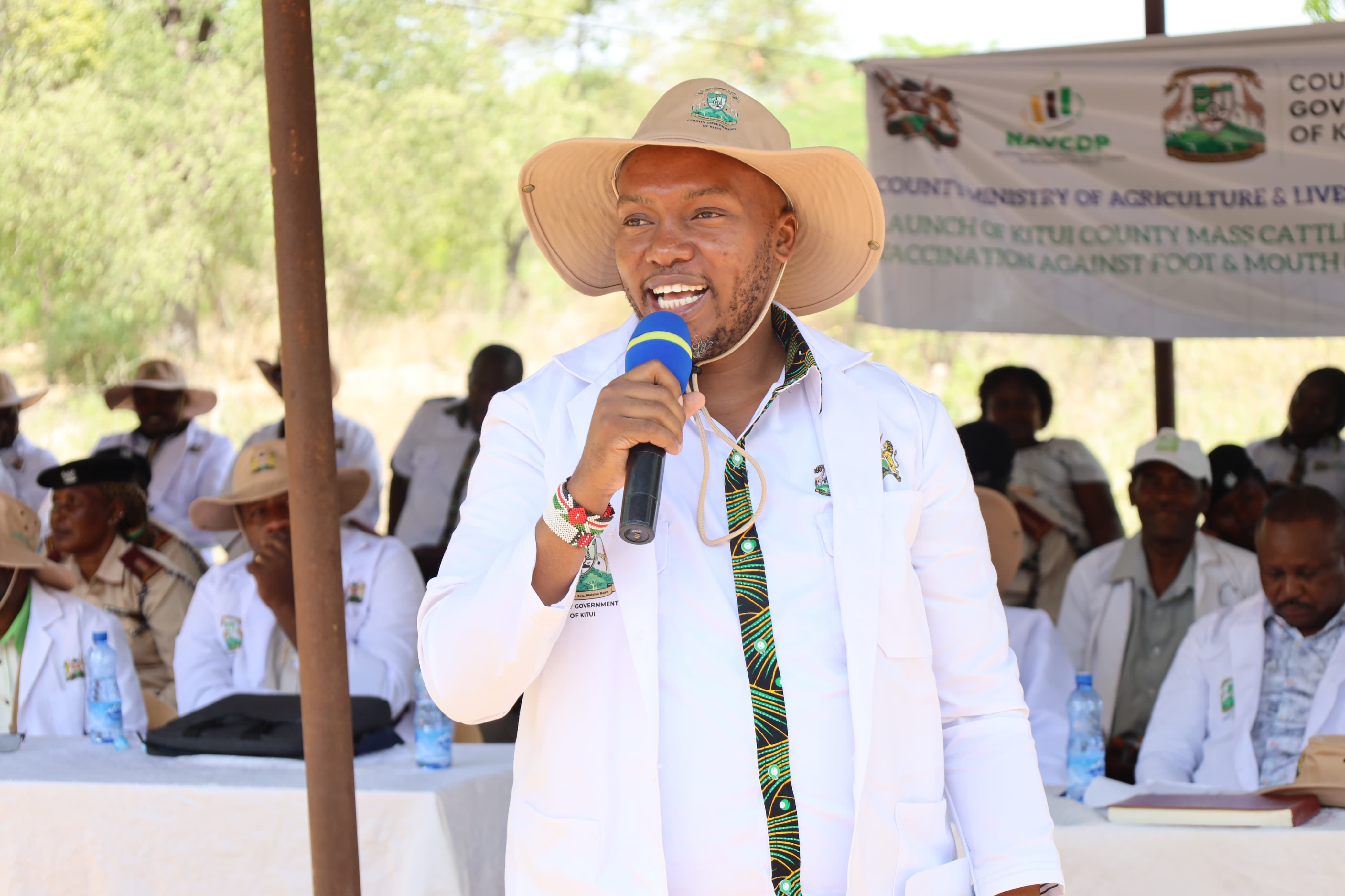 Dr. Stephen Mbaya Kimwele speaking while presiding over the launching ceremony of the Sh26 million subsidised mass livestock against foot and mouth disease under the Kitui County subsidised FMD programme. 