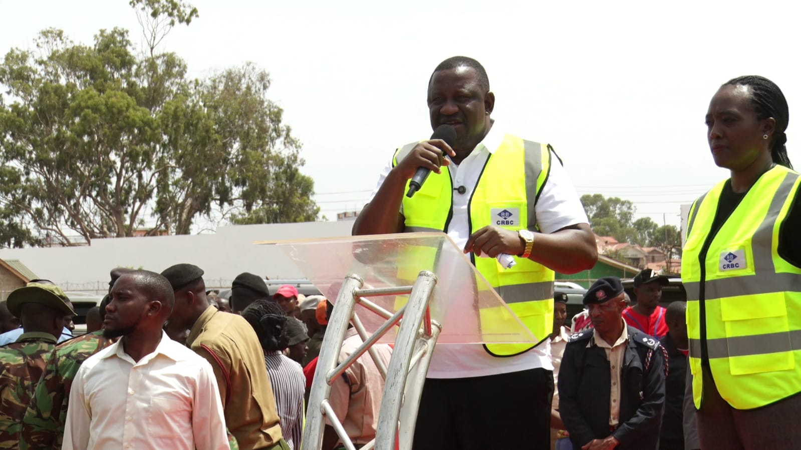 Sports Cabinet Secretary Salim Mvurya (left) and his Defense Counterpart Soipan Tuya addresses residents during the launch of the construction of a Sh850 million stadium in Thika town.