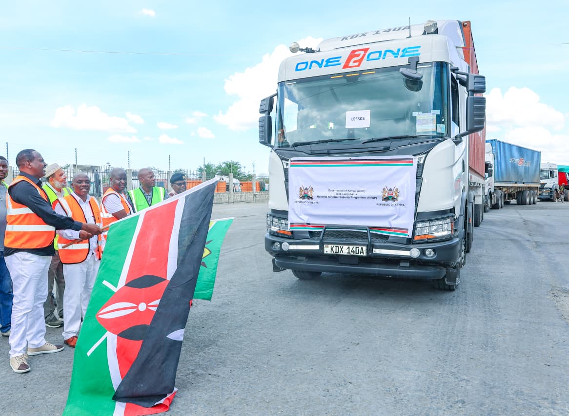 Principal Secretary (PS) for Agriculture Dr. Kiprono Rono flags off part of a 2 million metric tonnes consignment dubbed 2026 long rains National fertilizer subsidy at the Port of Mombasa