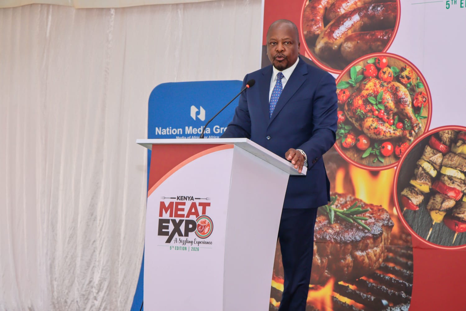 Agriculture and Livestock Development Cabinet Secretary (CS), Mutahi Kagwe, delivers the keynote address during the official opening of the 5th  Kenya Meat Expo 2026 at the KICC in Nairobi on August 26, 2026