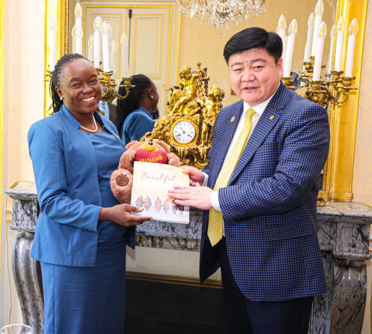 Environment, Climate Change and Forestry Cabinet Secretary Dr. Deborah Barasa (left) and the Minister of Environment and Climate Change of Mongolia, Tsendiin Sandag-Ochir (right,) when they engaged in a high-level bilateral meeting on the margins of the G7 Environment Ministers’ Meeting in Paris, France.
