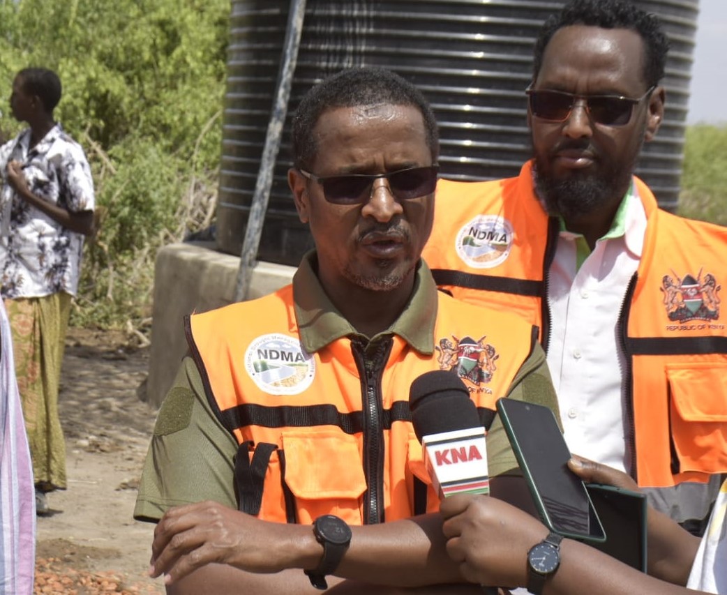 NDMA Chief Executive Officer Hared Adan addresses the media after commissioning the rehabilitated Arera borehole in Shanta Abaq Sub-County, Garissa County.