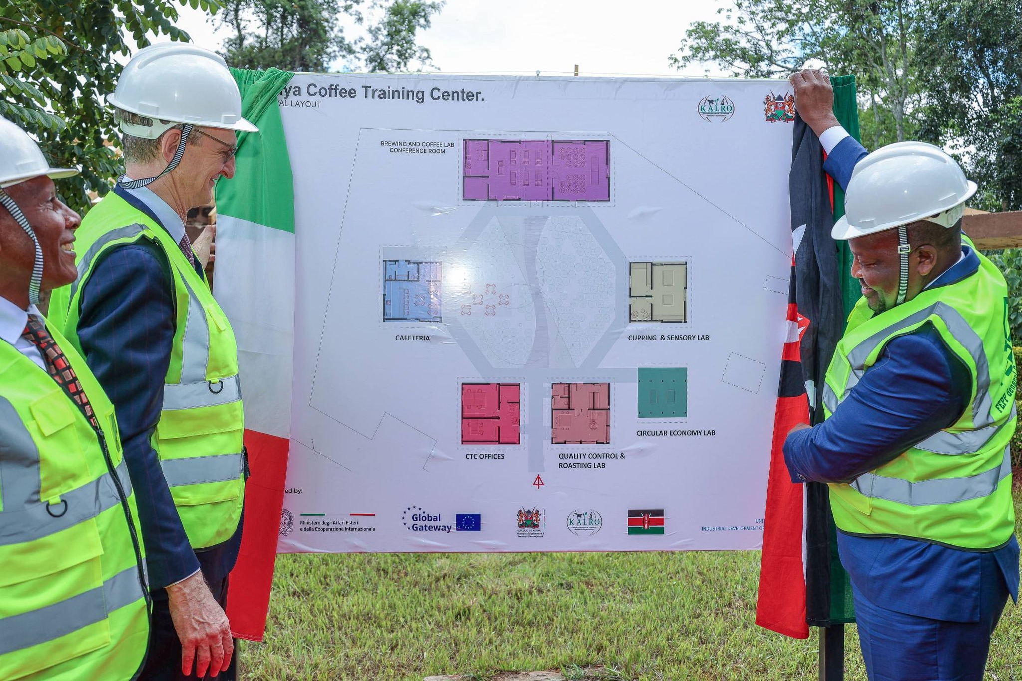 Cabinet Secretary (CS) for Agriculture and Livestock Development Mutahi Kagwe (Right) and the Italian Director General (DG) for Development Cooperation at the Ministry of Foreign Affairs and International Cooperation Stephano Gatti go over the specs the groundbreaking ceremony for construction of the Coffee Training Centre in Coffee Research Institute at Ruiru, on 25th March, 2026.