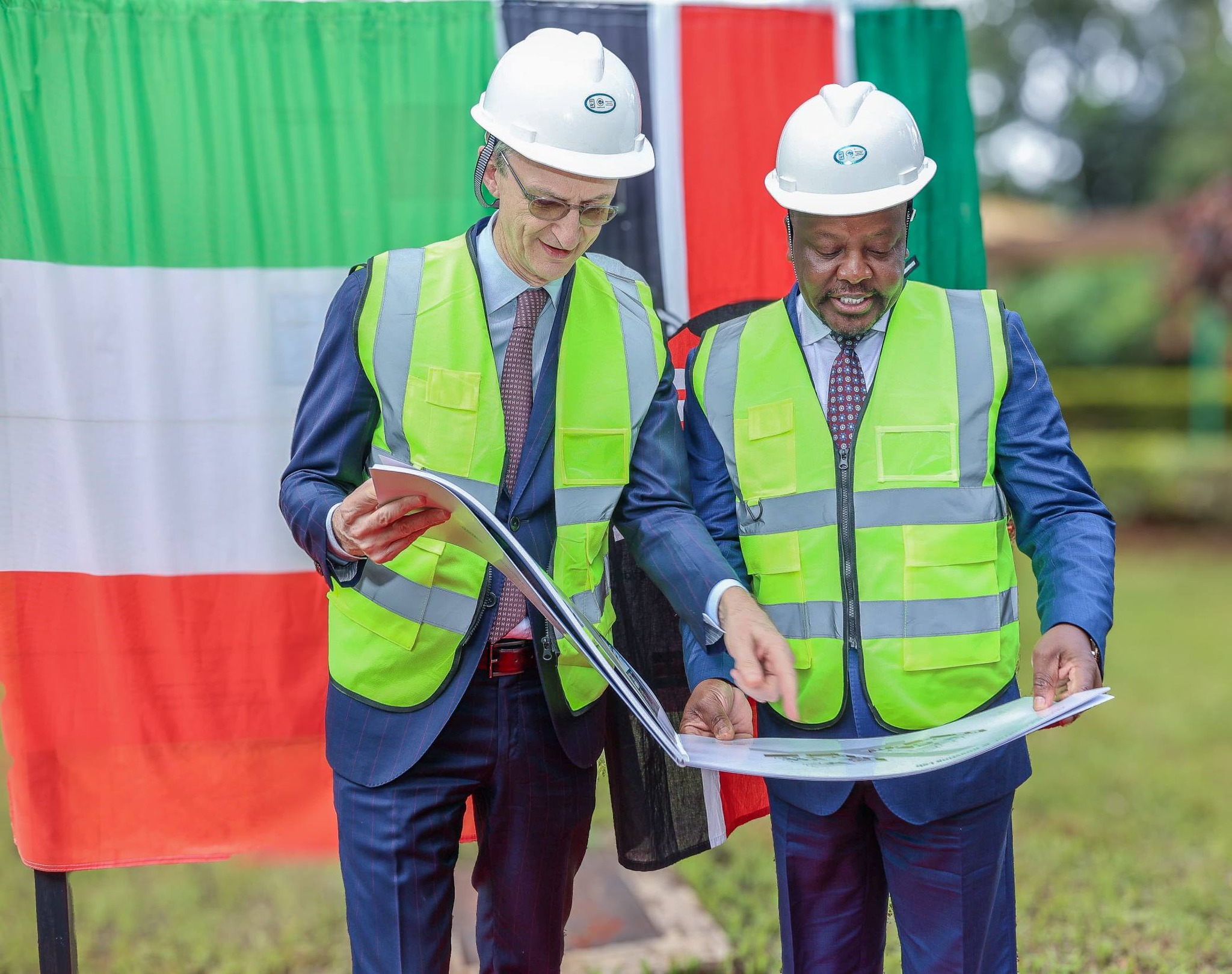 Cabinet Secretary (CS) for Agriculture and Livestock Development Mutahi Kagwe (Right) and the Italian Director General (DG) for Development Cooperation at the Ministry of Foreign Affairs and International Cooperation Stephano Gatti go over the specs the groundbreaking ceremony for construction of the Coffee Training Centre in Coffee Research Institute at Ruiru, on 25th March, 2026.