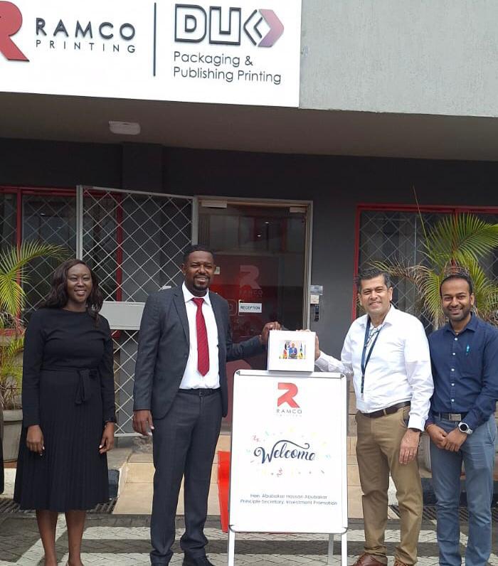 From L-R is the Chief Executive Officer (CEO) of the English Press Mr. Kaplan Patel, PS Abubakar  Hassan Abubakar from the State Department for Investment Promotion and Chief Finance  Officer of English Press Ms. Shreeti Patel (Pictures and caption by Boniface Malinda, KNA).