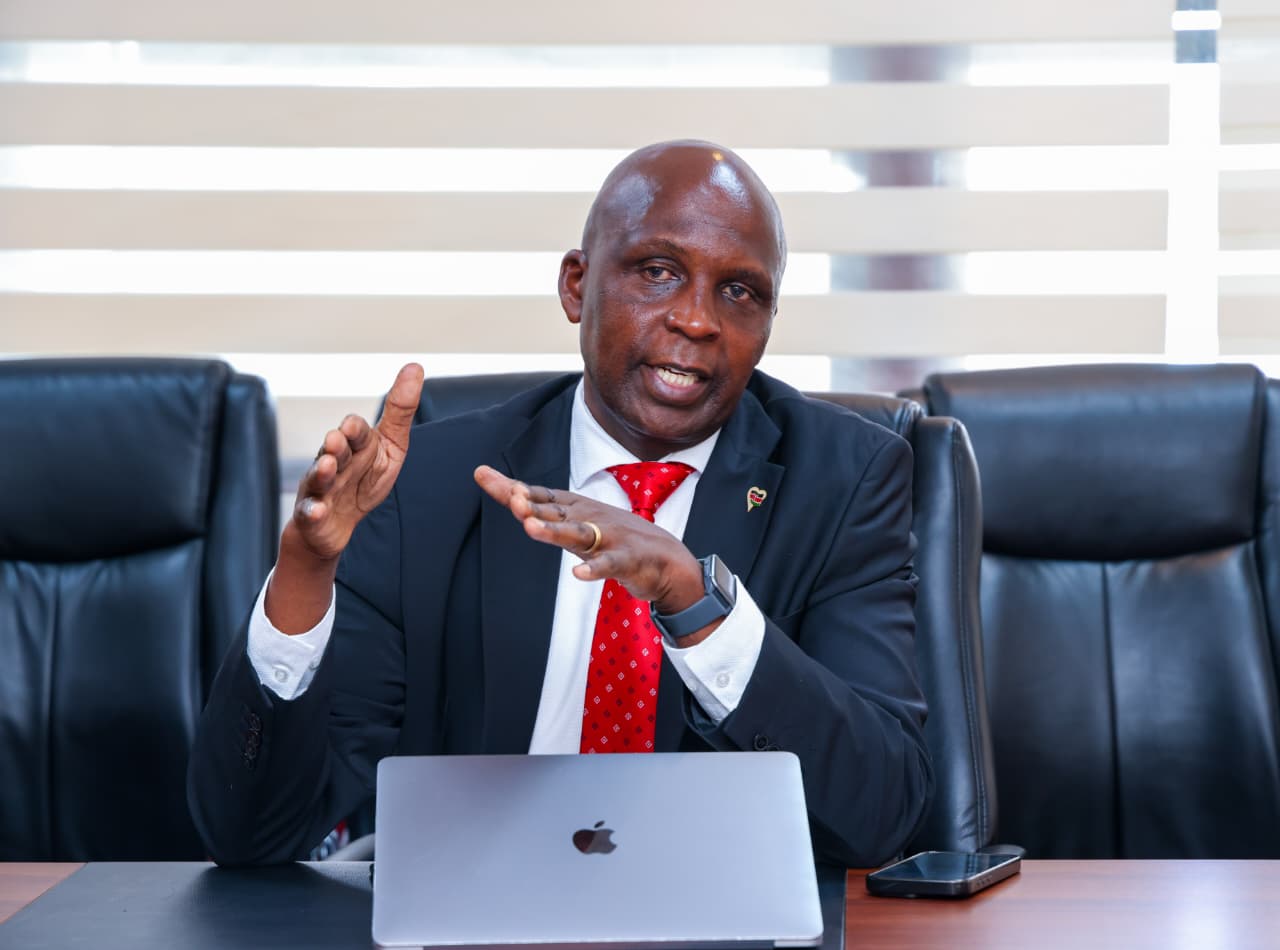 The Secretary of Pensions Mr. Michael Kagika, speaking when he briefed   The Principal Secretary, State Department for Public Investments and Assets Management, Mr. Cyrell Wagunda regarding the progress of the Online Pension Management Information System (PMIS). 