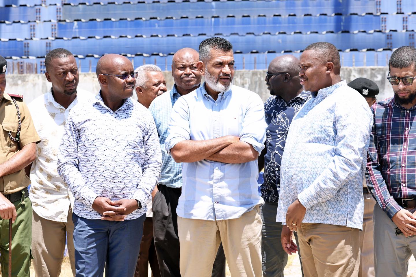  Principal Secretary for Defence Patrick Mariru (L), Mombasa County Governor Abdulswamad Sheriff Nassir (C), and Principal Secretary for Sports Elijah Mwangi during a tour of the stalled Mombasa Municipal Stadium.