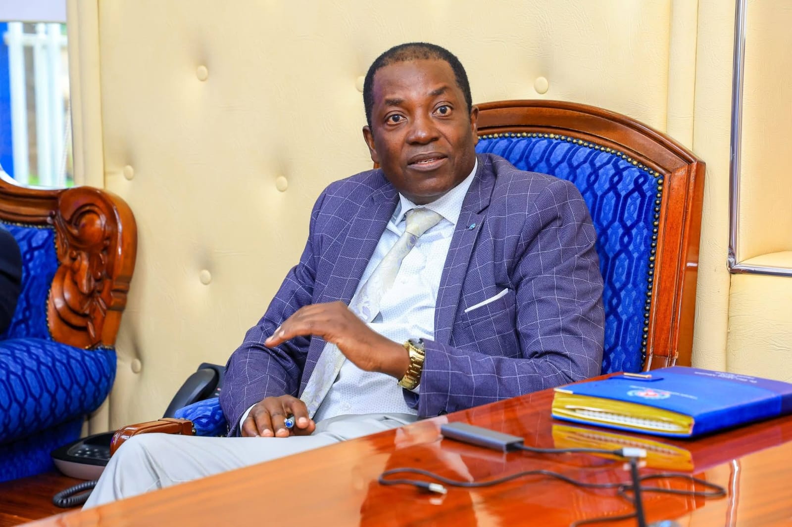 Dr. Elias Maina (County Executive Committee Member (CECM), speaking during the caesarean section procedure at Kiambu Level 5 Hospital