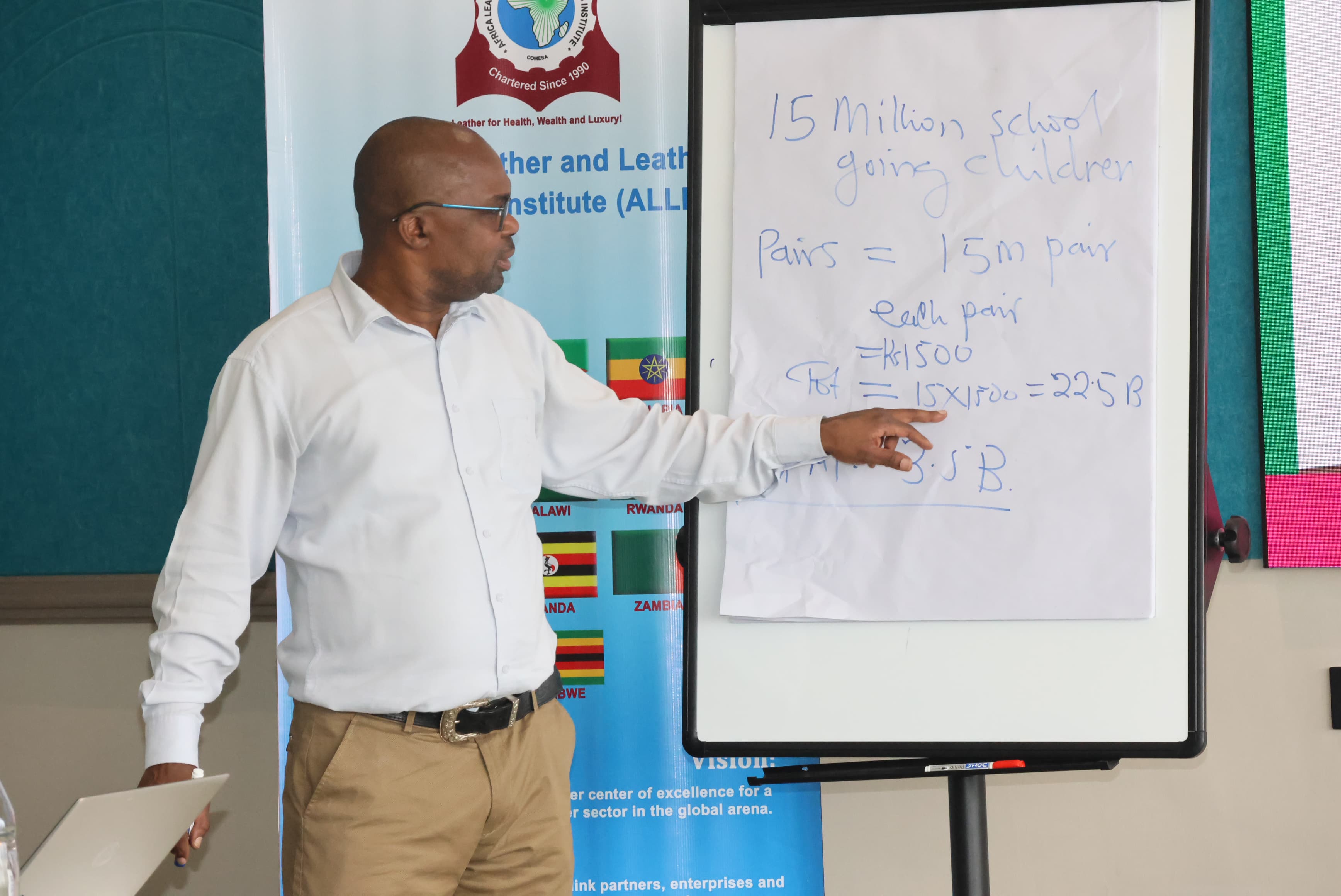 Mr Kiraye Michael, an Institutional capacity Development Expert at the African Leather and Leather Products Institute (ALLPI) trains traders and entrepre- neurs on Leather Cluster development.