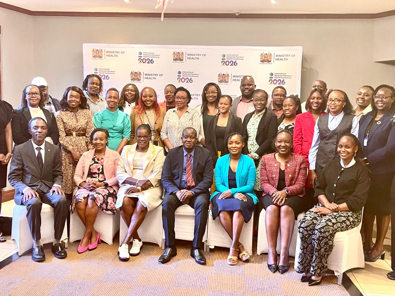 Ministry of Health officials and partners during the IMNHC 2026 media briefing in Nairobi ahead of the global conference on maternal and newborn health.