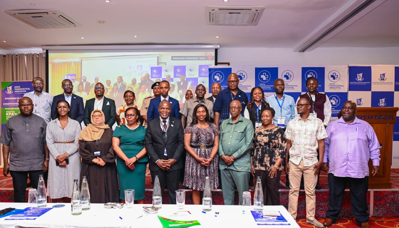 Principal Secretary for Public Health and Professional Standards Mary Muthoni, joins Pharmacy and Poisons Board Chairperson Dr. John M. Munyu, Kenya Pharmaceutical Association officials and delegates during the 22nd Kenya Pharmaceutical Association Scientific Conference in Mombasa