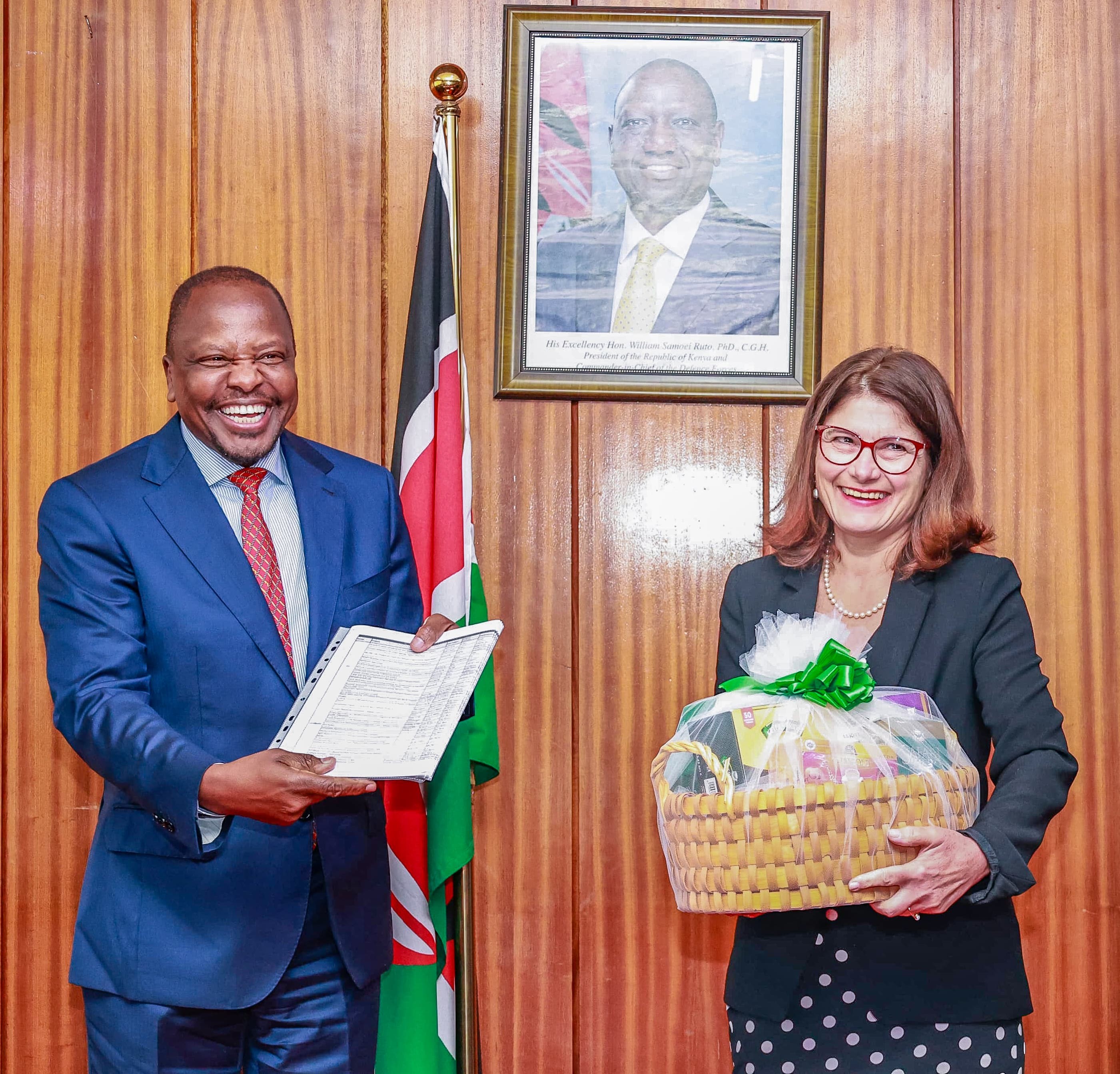 Agriculture Cabinet Secretary Mutahi Kagwe and EU Ambassador to Kenya, Henriette Geiger, at Kilimo House