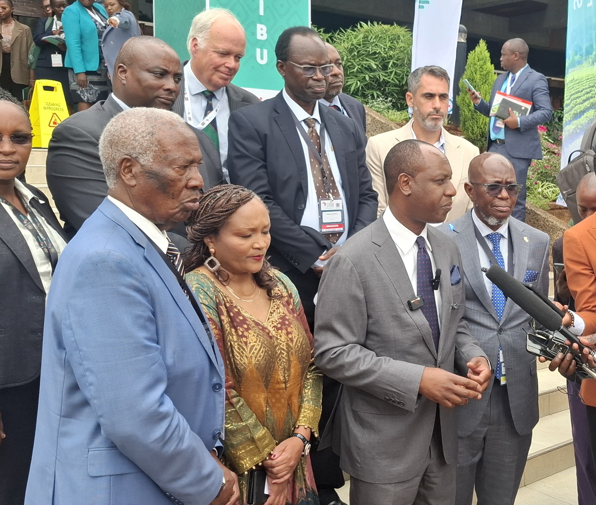 Prof Ratemo Michieka, Chair National Research Fund (NRF) Finance Summit and Dialogue Director Charity Mutegi and Livestock Principal Secretary Jonathan Mueke speaking to the media 