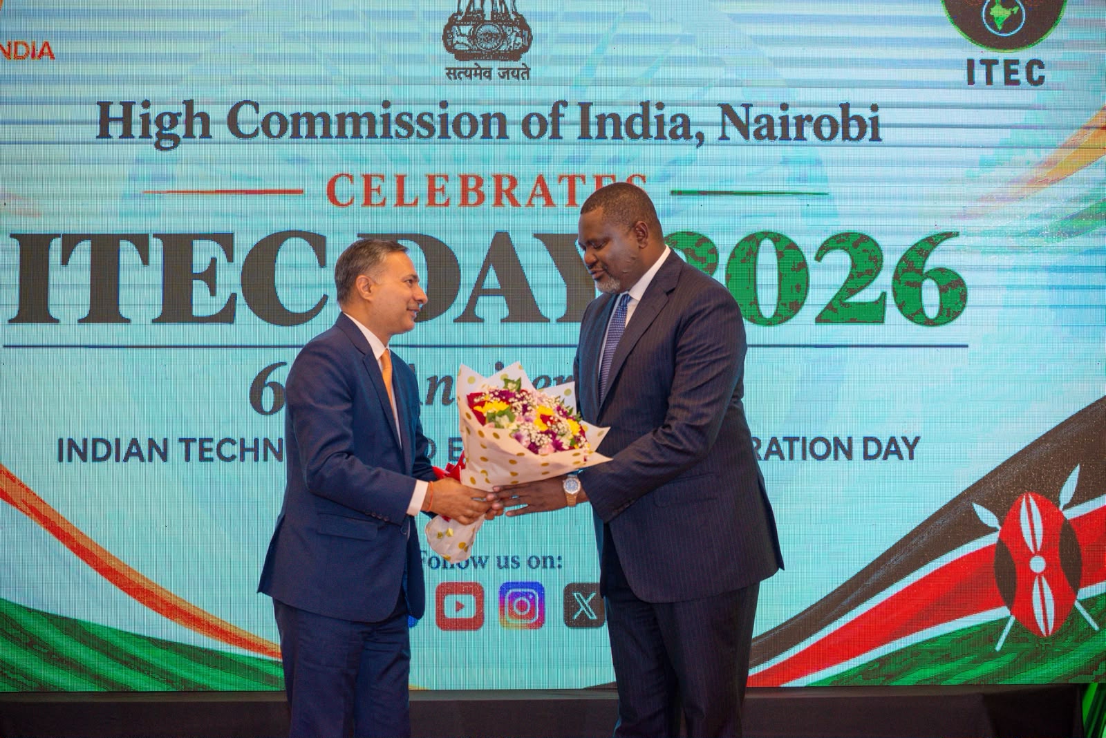 Public Service, Human Capital Development and Special Programmes CS Geoffrey Ruku and Indian High Commissioner to Kenya Dr Adarsh Swaika during celebrations of ITEC in Nairobi.