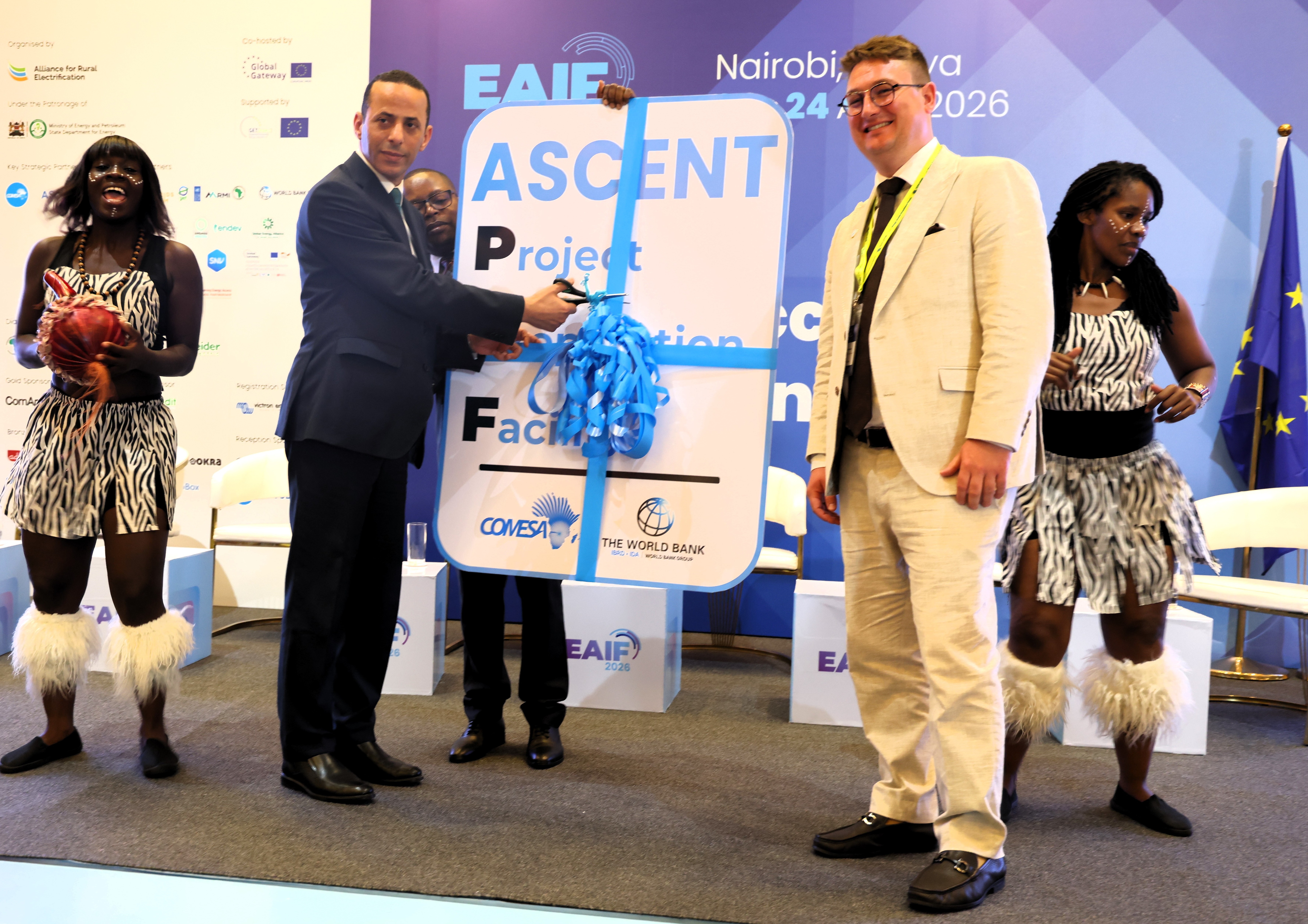 Assistant Secretary General for COMESA b. Dr. Mohammed Kadah and David Lecoque, CEO of ARE, during the ribbon-cutting ceremony, during the official launch of the COMESA Project Preparation Facility and the beginning of a new chapter in advancing sustainable energy access across the region.