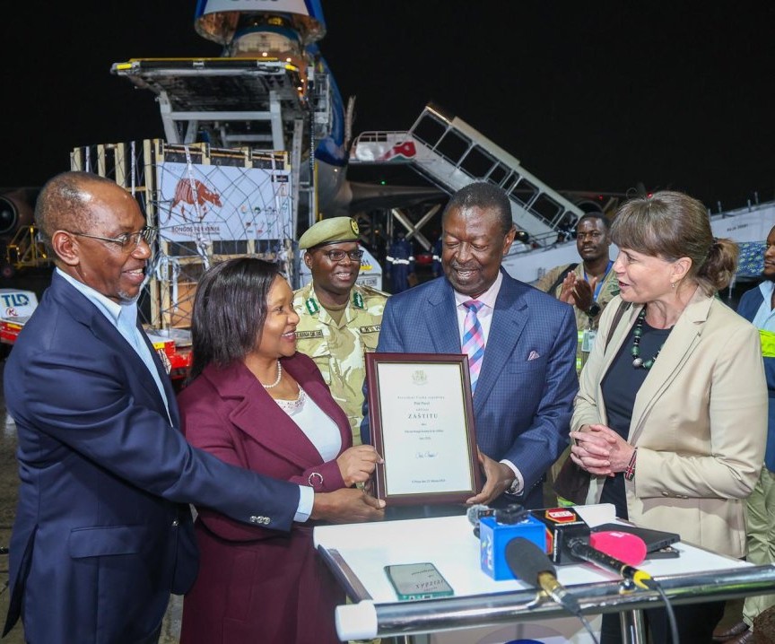  Kenya Wildlife Conservancy founder and patron Humphrey Kariuki, Tourism and Wildlife Cabinet Secretary Rebecca Miano, Kenya Wildlife Service Director General Dr. Erastus Kanga, Prime Cabinet Secretary Musalia Mudavadi and Czech Republic Ambassador to Kenya, Ms. Nicol Adamcová when receiving the consignment at the Jomo Kenyatta International Airport in Nairobi