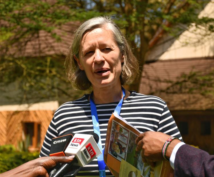 Prof. Isabelle Baltenweck, an economist at the International Livestock Research Institute (ILRI) in Nairobi addressing the press in Naivasha on Monday on the sidelines of a five-day stakeholders’ engagement on enhancing adequate livestock feeds system where she reiterated the deployment of data to inform policy decisions on feeds stock and availability for farmers.