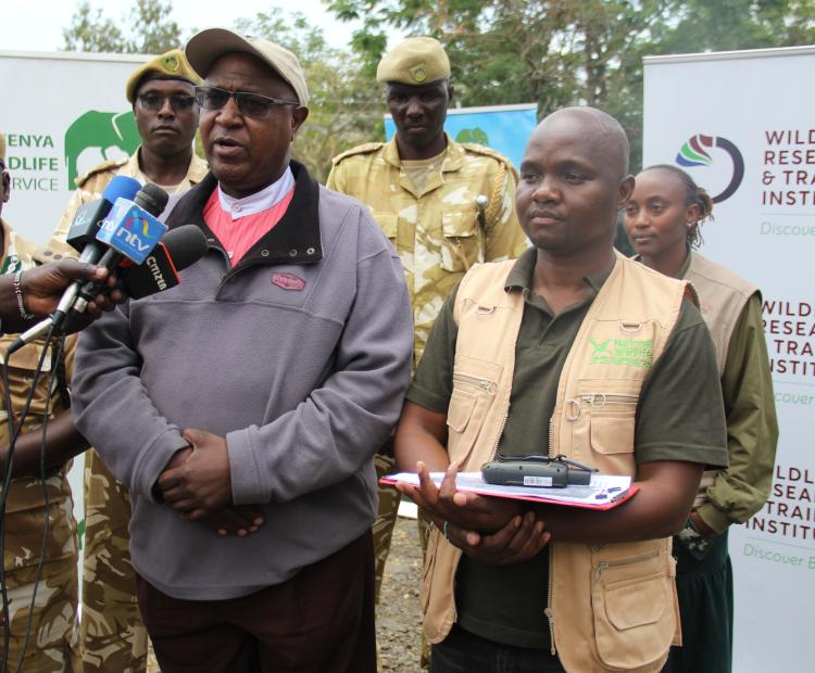 Natural Resource Management Scientist Joseph Gathua (center) briefing the press. On the right is WRTI Research Scientist Vasco Nyaga while on the left is KWS Western Conservancy Senior Assistant Director Mungumi Chongwa