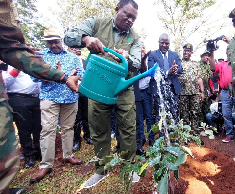 Public Service Cabinet Secretary Justin Muturi during a tree planting exercise at Maseno School in Kisumu County. Photo/Chris Mahandara