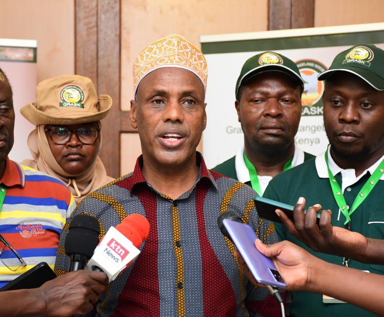 Director of Livestock Production at the Ministry of Agriculture Bashir Elmi (c) briefs the media on the sidelines of the Grasslands and Rangelands Society of Kenya (GRASK) 1st Annual conference, Mombasa. Photo/Andrew Hinga