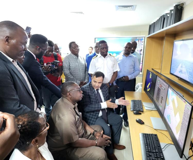 PS, State Department for Shipping and Maritime Affairs,  Ministry of Mining, Blue economy and Maritime affairs,  Geoffrey Kaituko (centre) being taken through aspects  of maritime at the MKU Malindi Maritime Academy